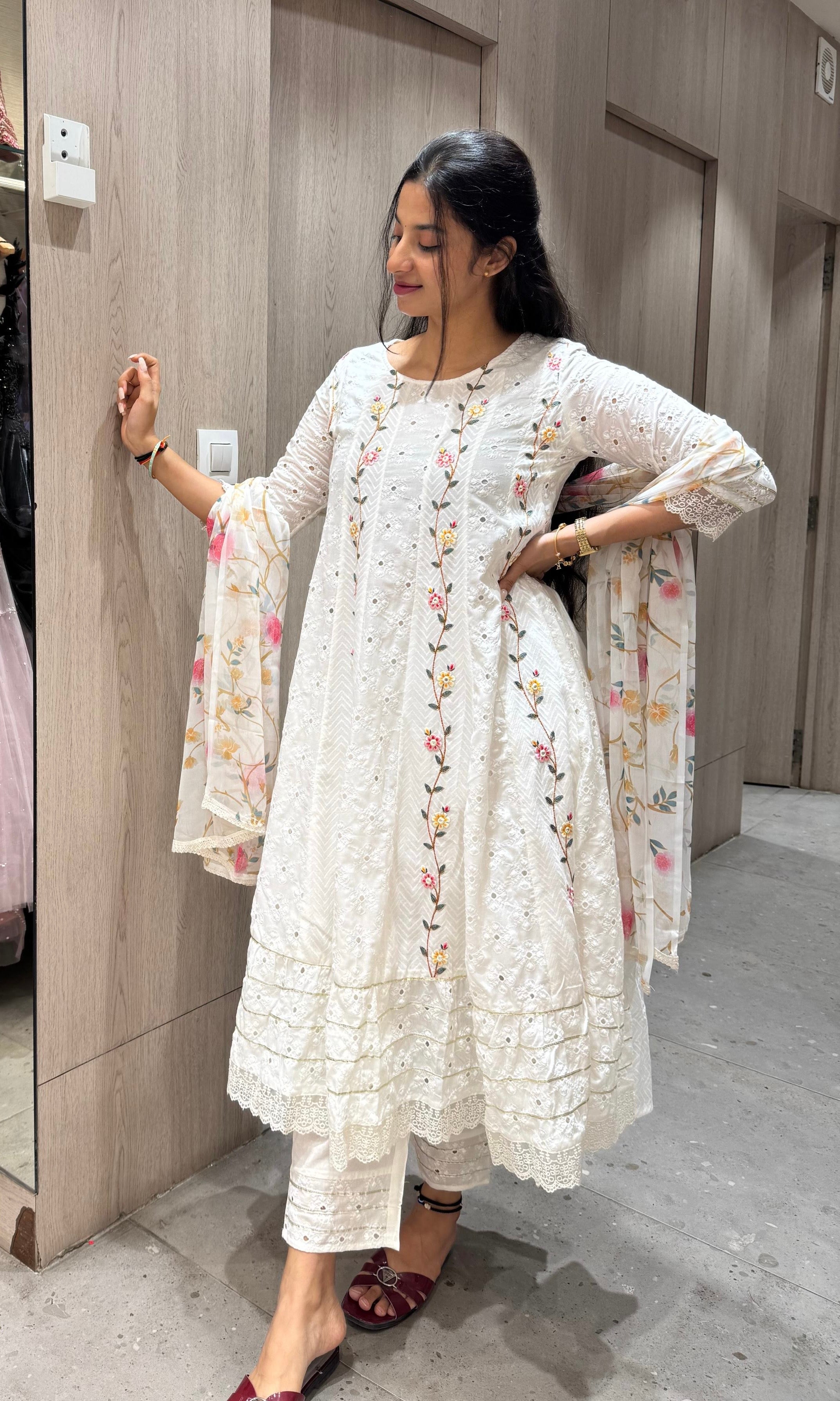 White Floral Embroidery Chikankari Anarkali Set (k222)