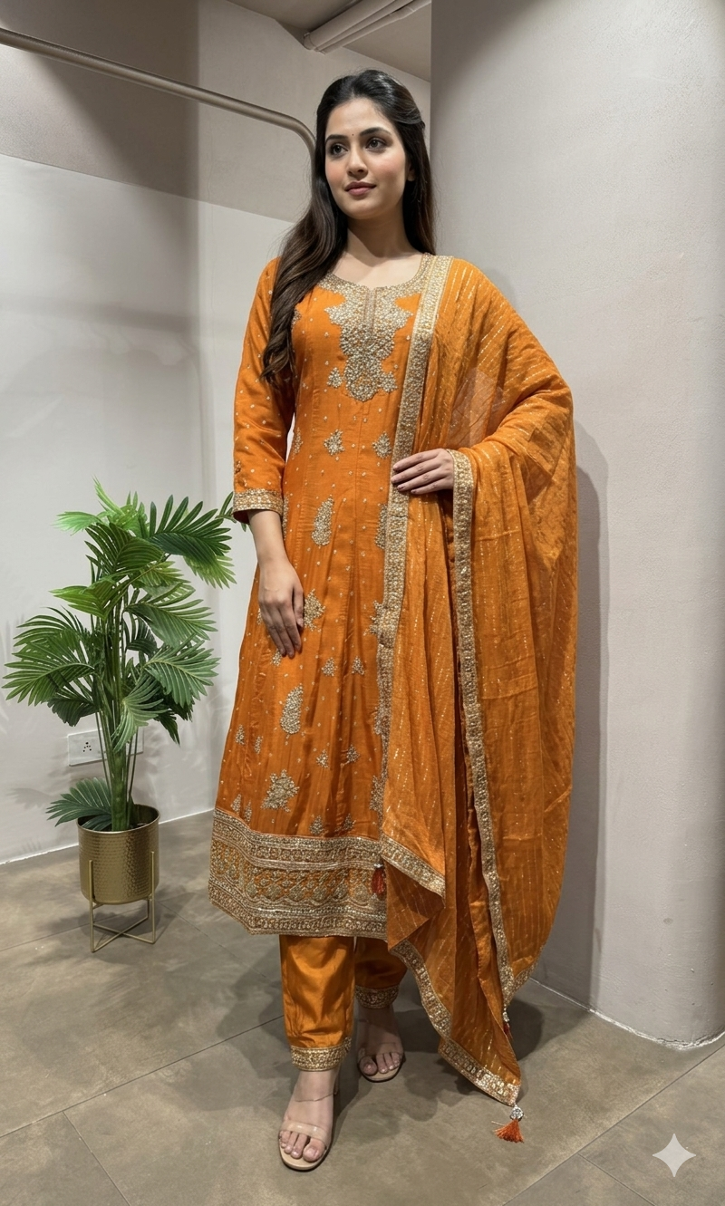 RUST Gold Embroidered Anarkali set