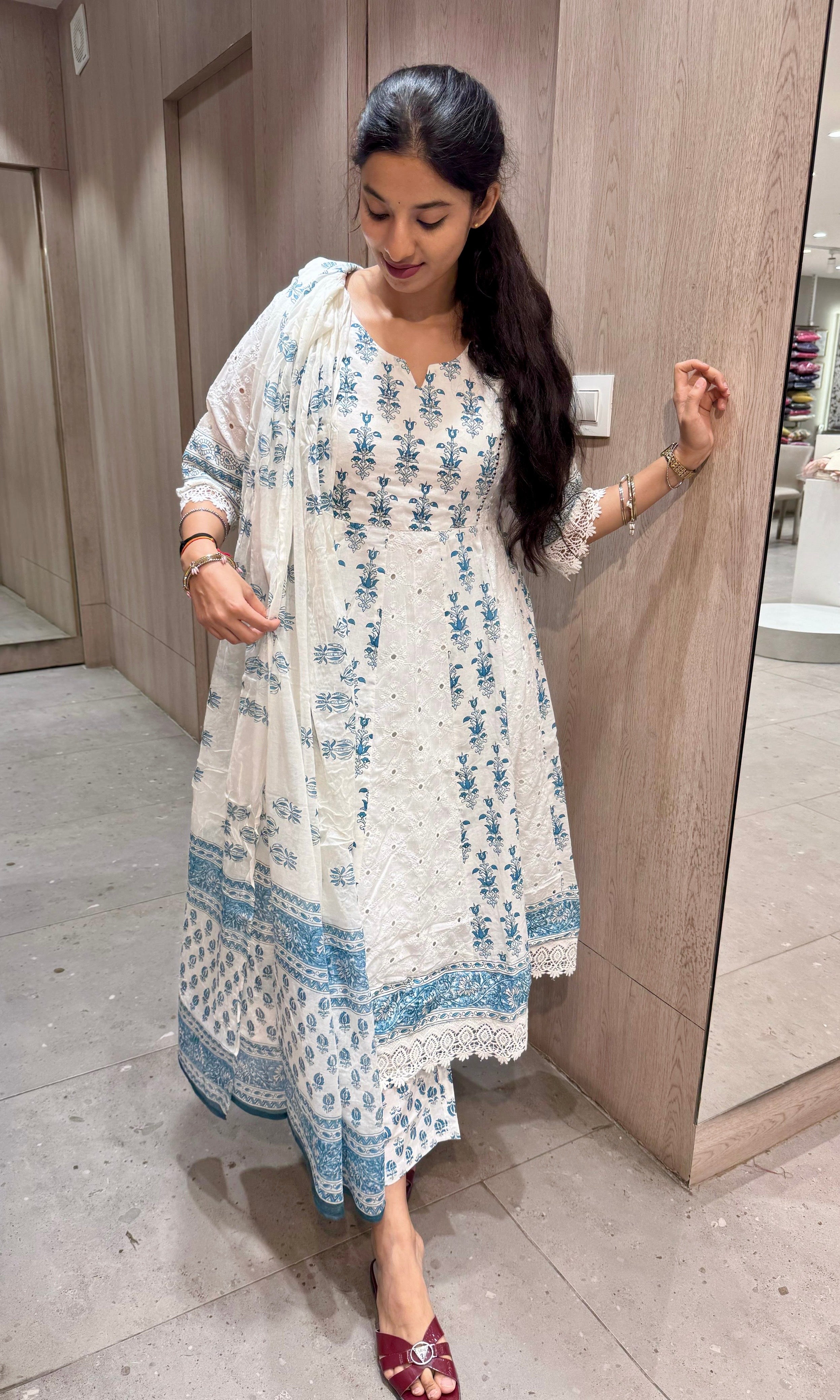 Blue white cotton Anarkali kurta set