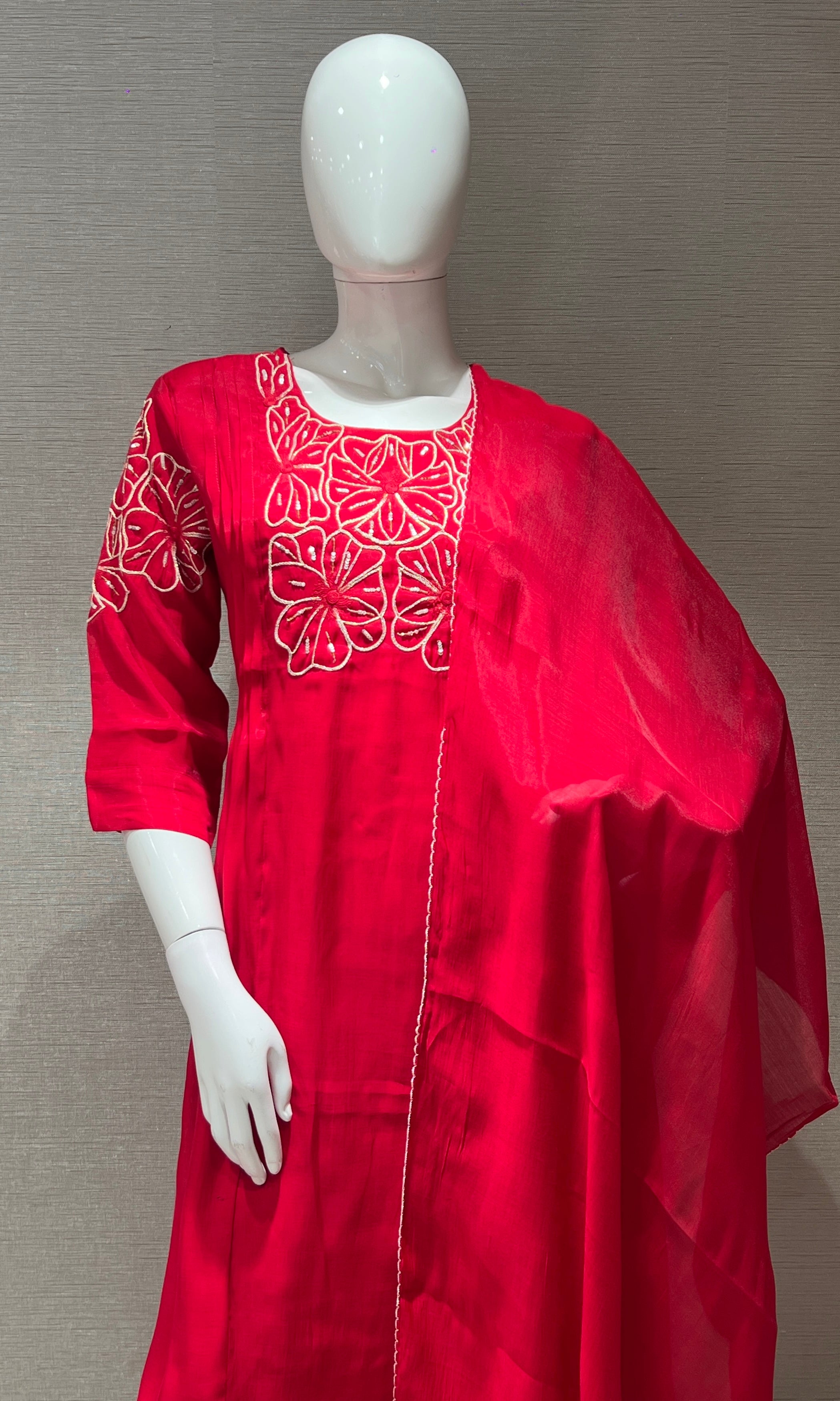 Rani pink FLORAL MUL CHANDERI kurta set