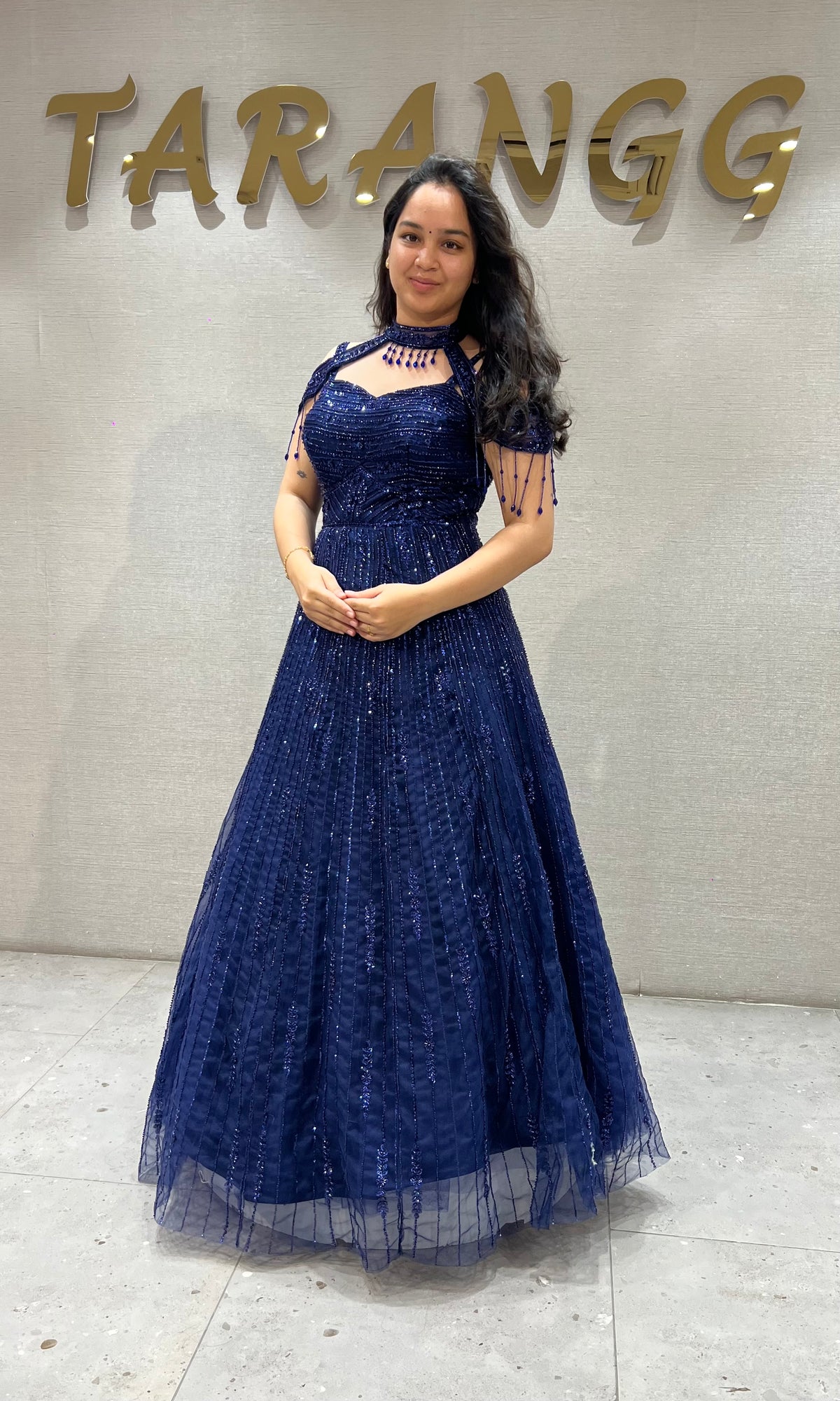 Royal Blue Halter Neck Ballgown with Sheer Cap Sleeves