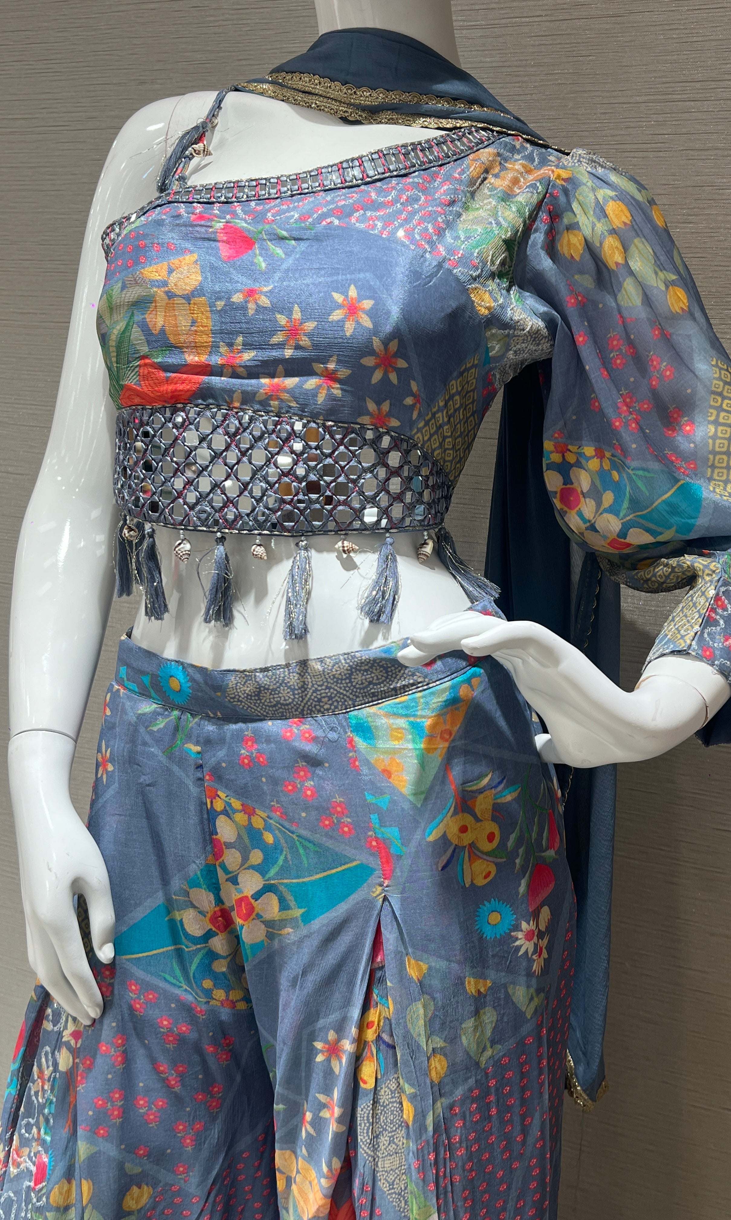 L Blue one shoulder crop top with palazzo