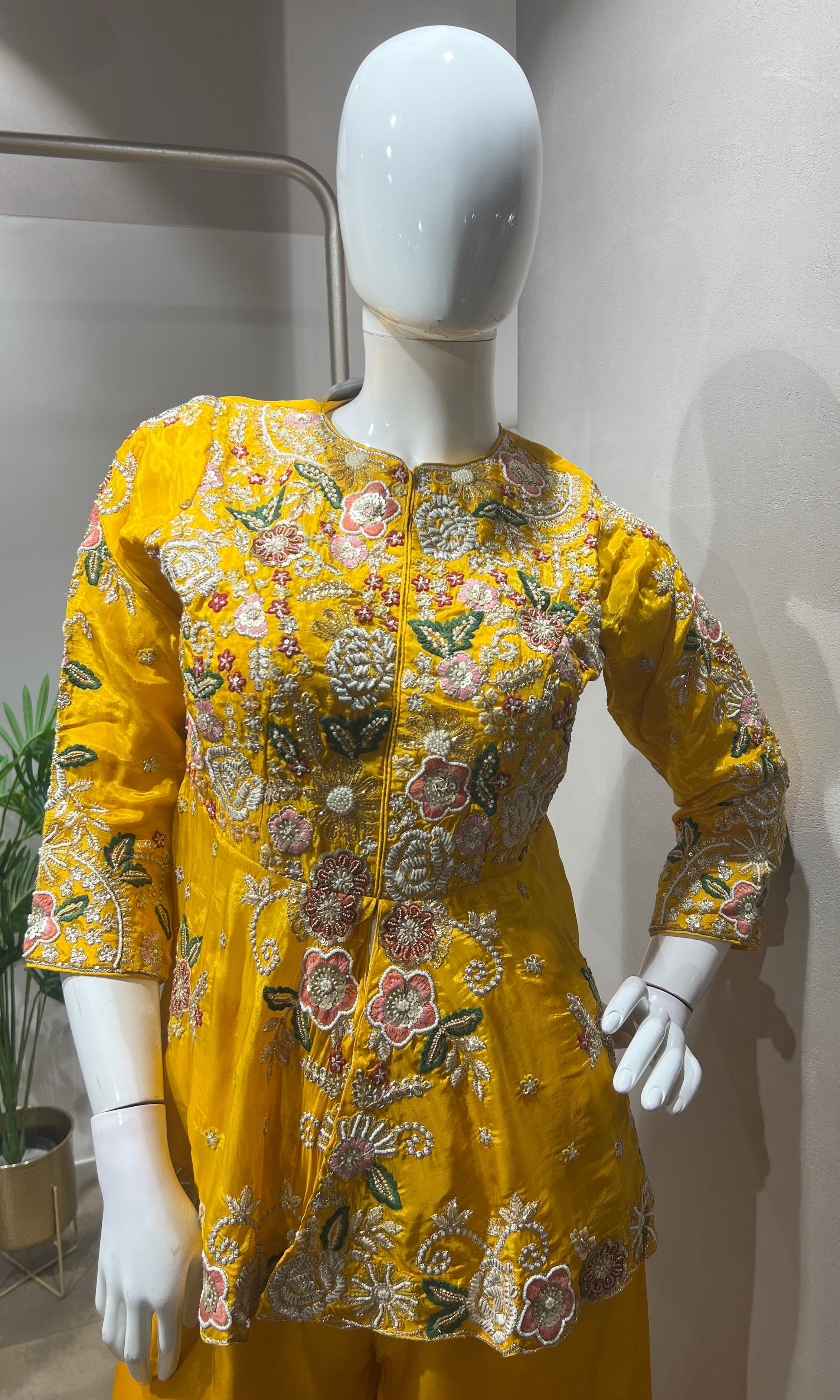 Yellow Palazzo Set with Floral Embroidery