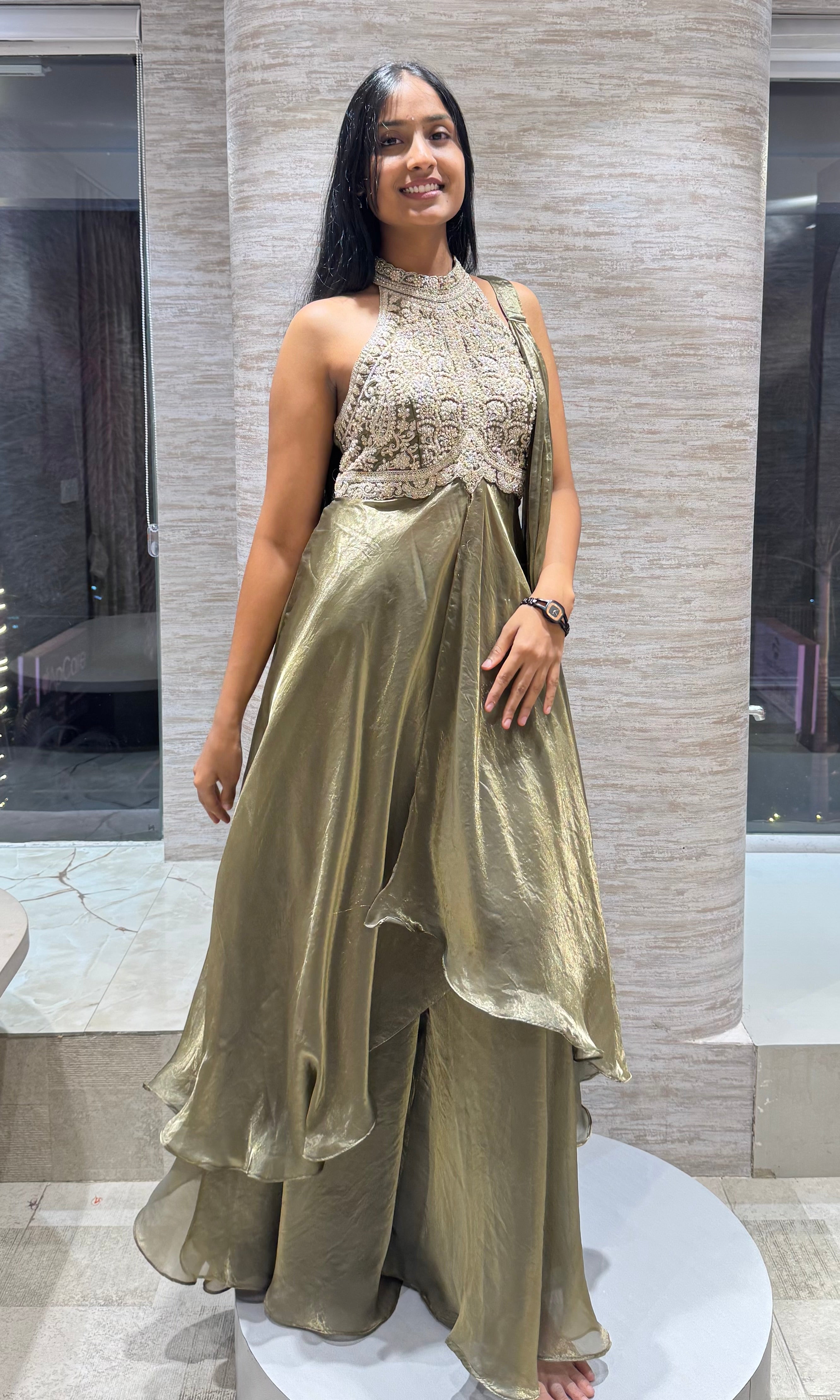 HALTER NECK ANARKALI SLIT TOP WITH FLARED PANTS