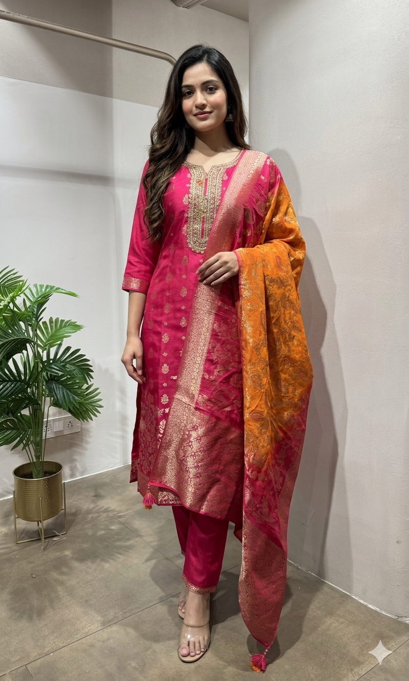 Pink embroidered kurta pant with dupatta set