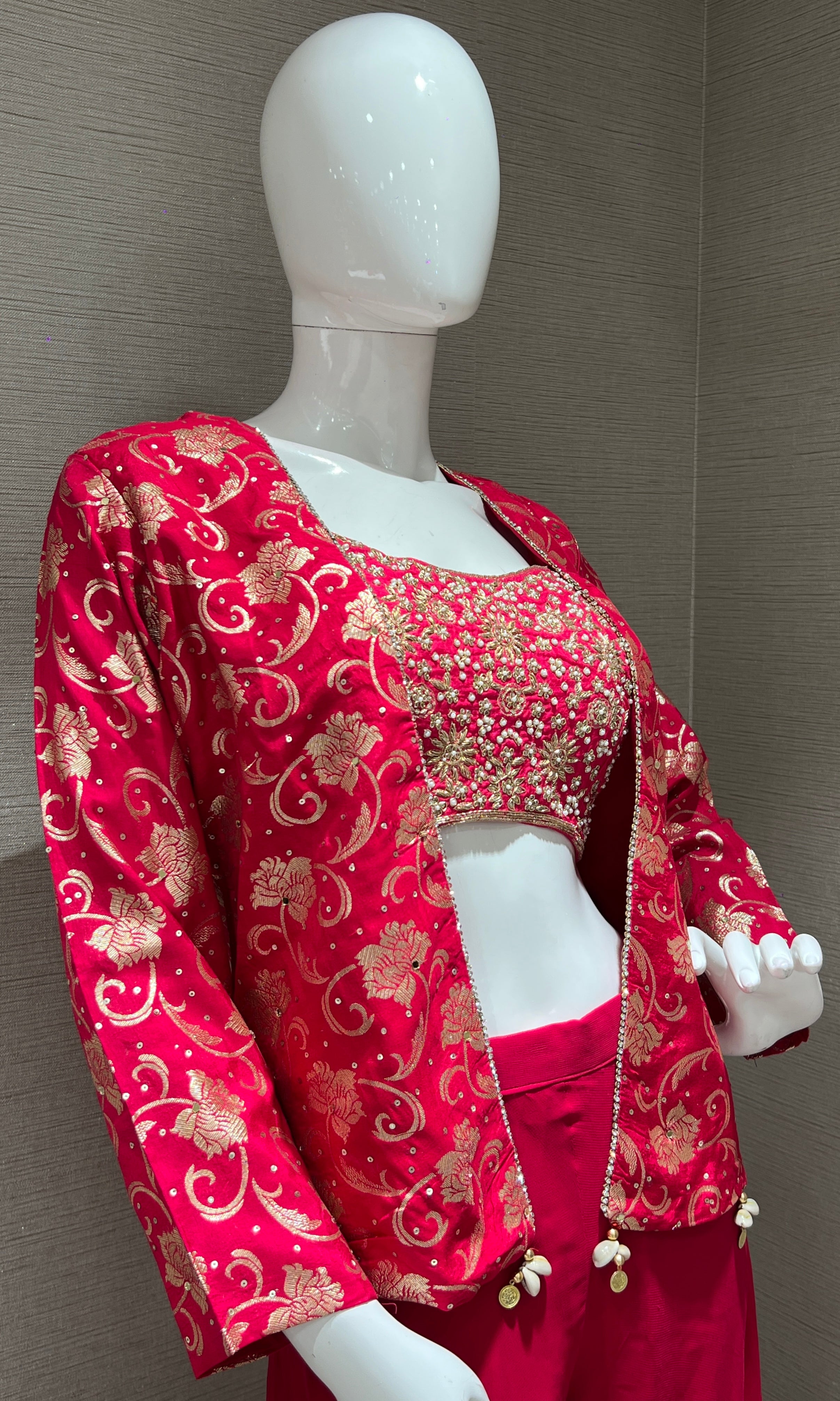 Pink Embroidered Top With Jacket Palazzo