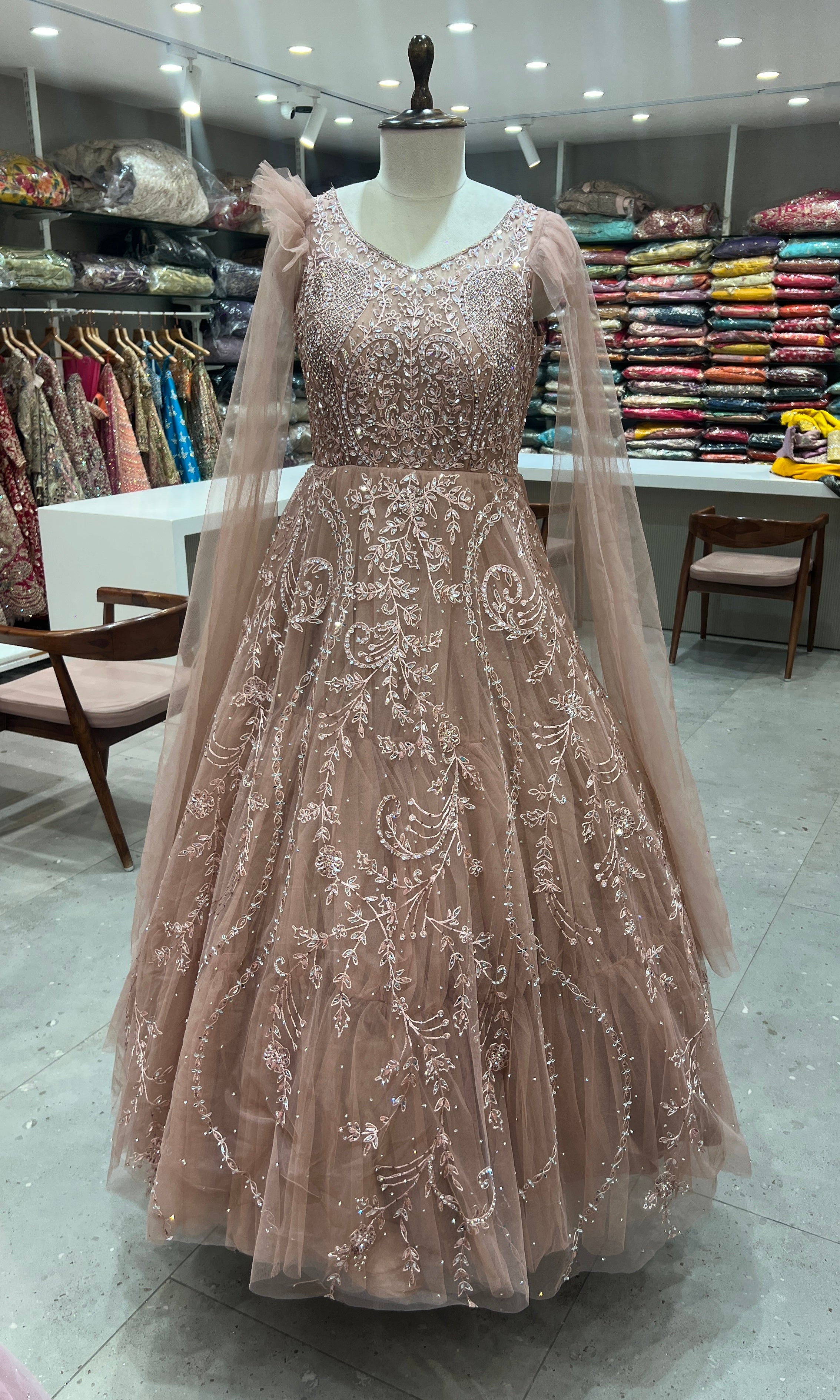 COFFEE BROWN CRYSTAL EMBROIDERY NET GOWN