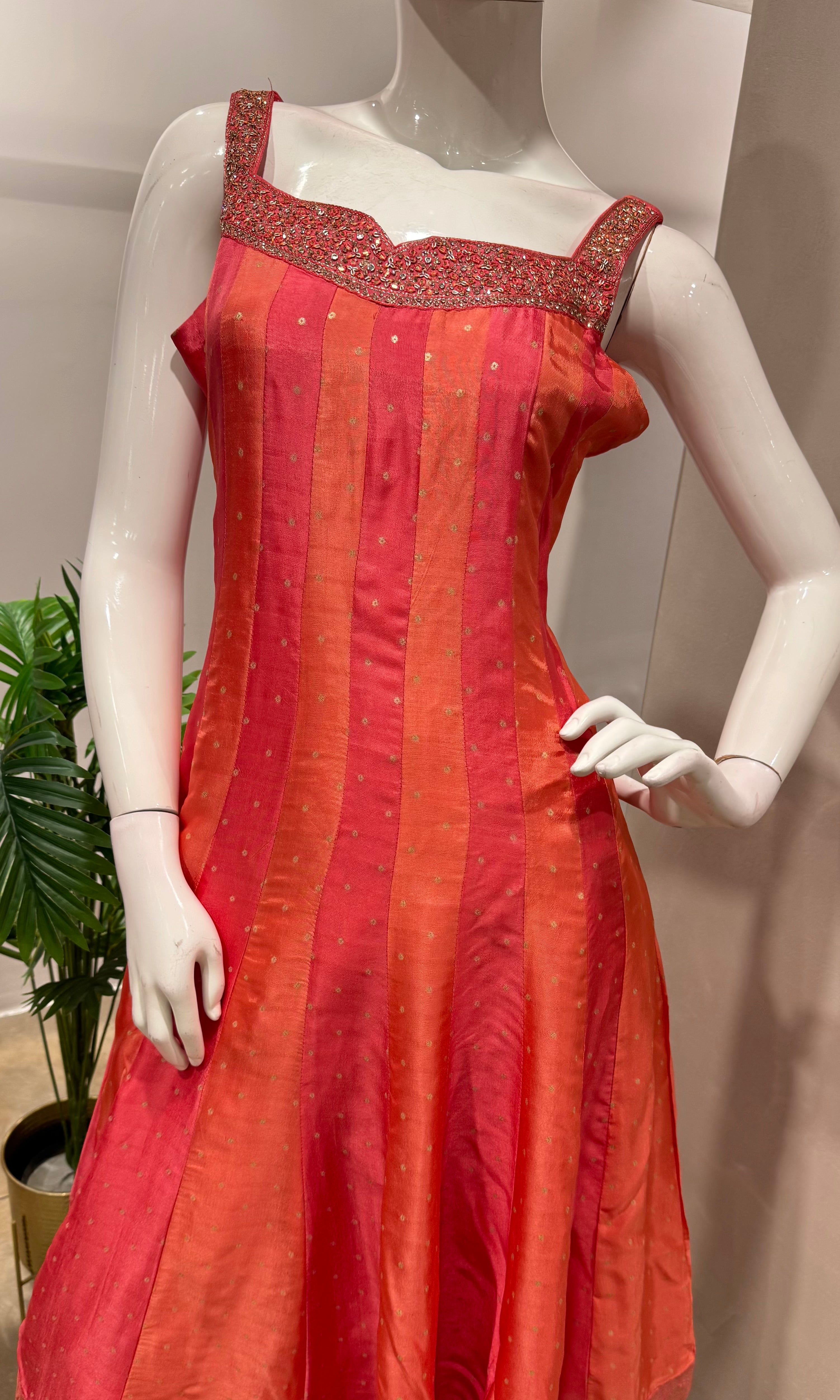 Peach ethnic striped anarkali set