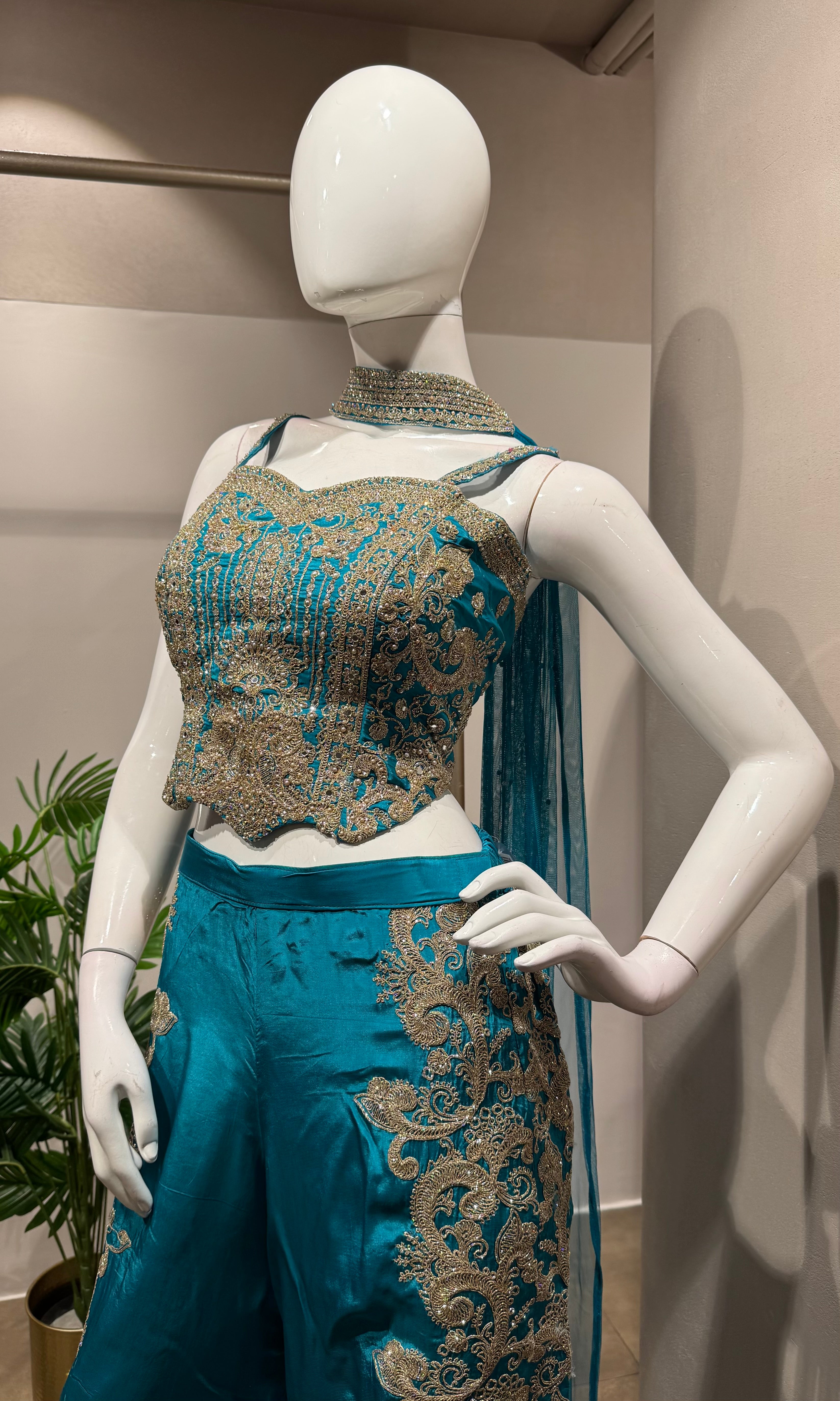 Rama blue Embroidered Indo-Western Set