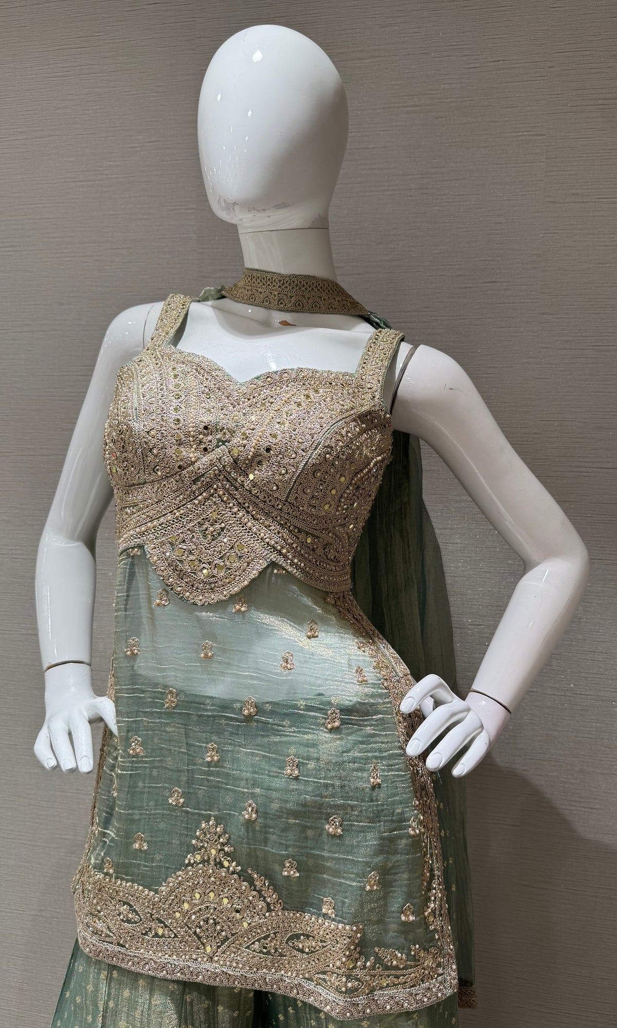 Sage Green Tissue silk Zari Mirror Short Kurti Sharara Set