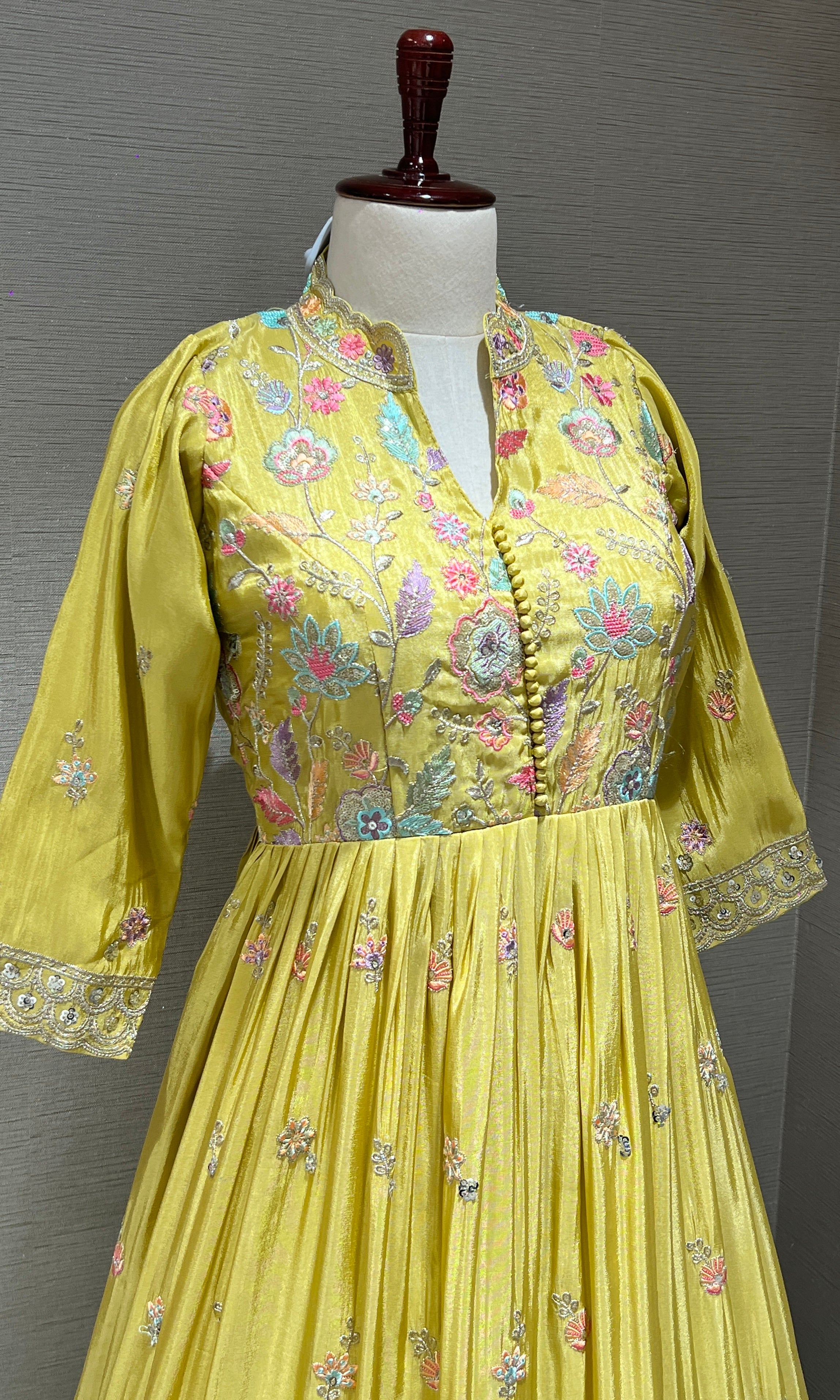 Light Yellow Anarkali Long Gown with Multicolor Floral Embroidery