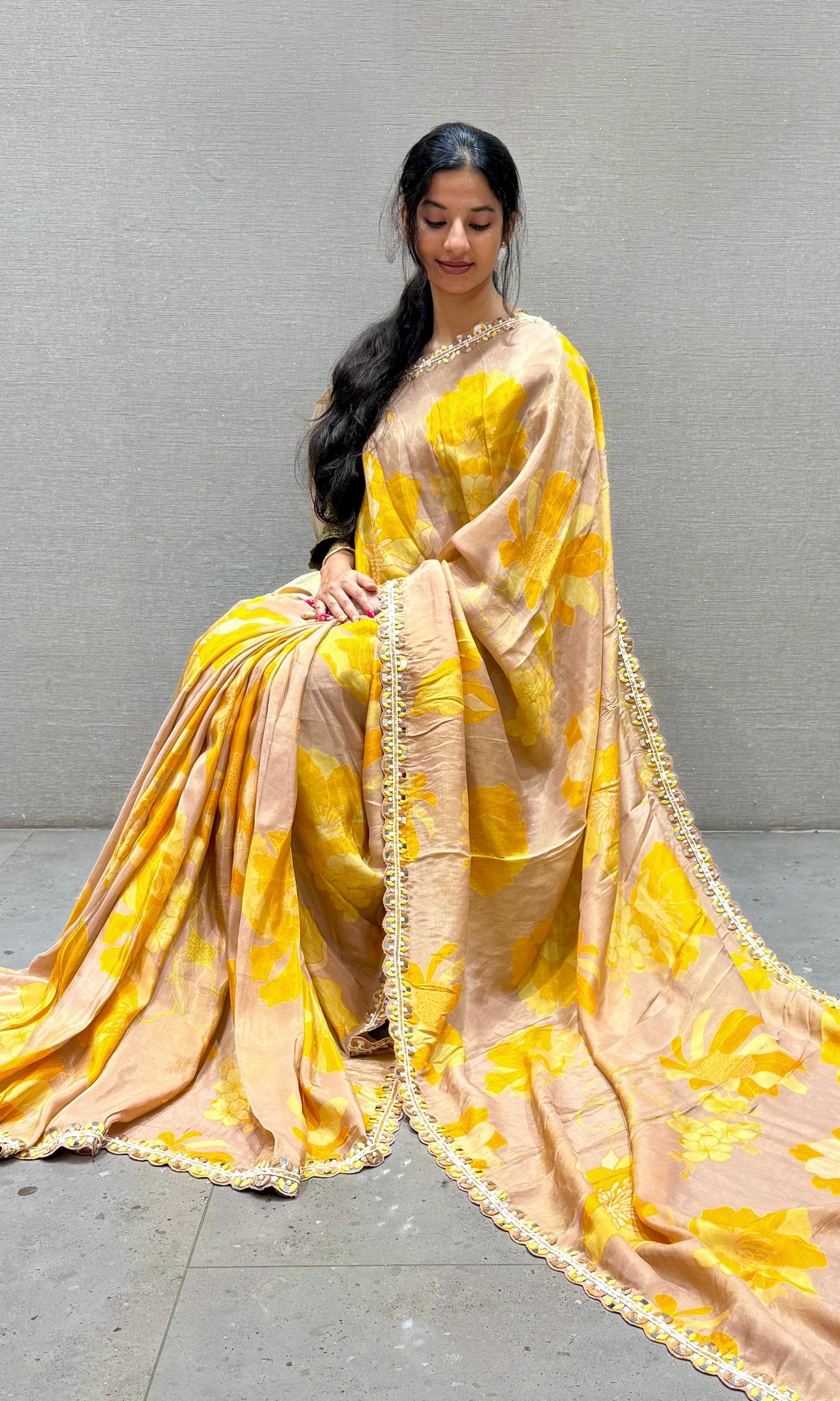 Mango Yellow digital printed tissue silk saree with ready blouse