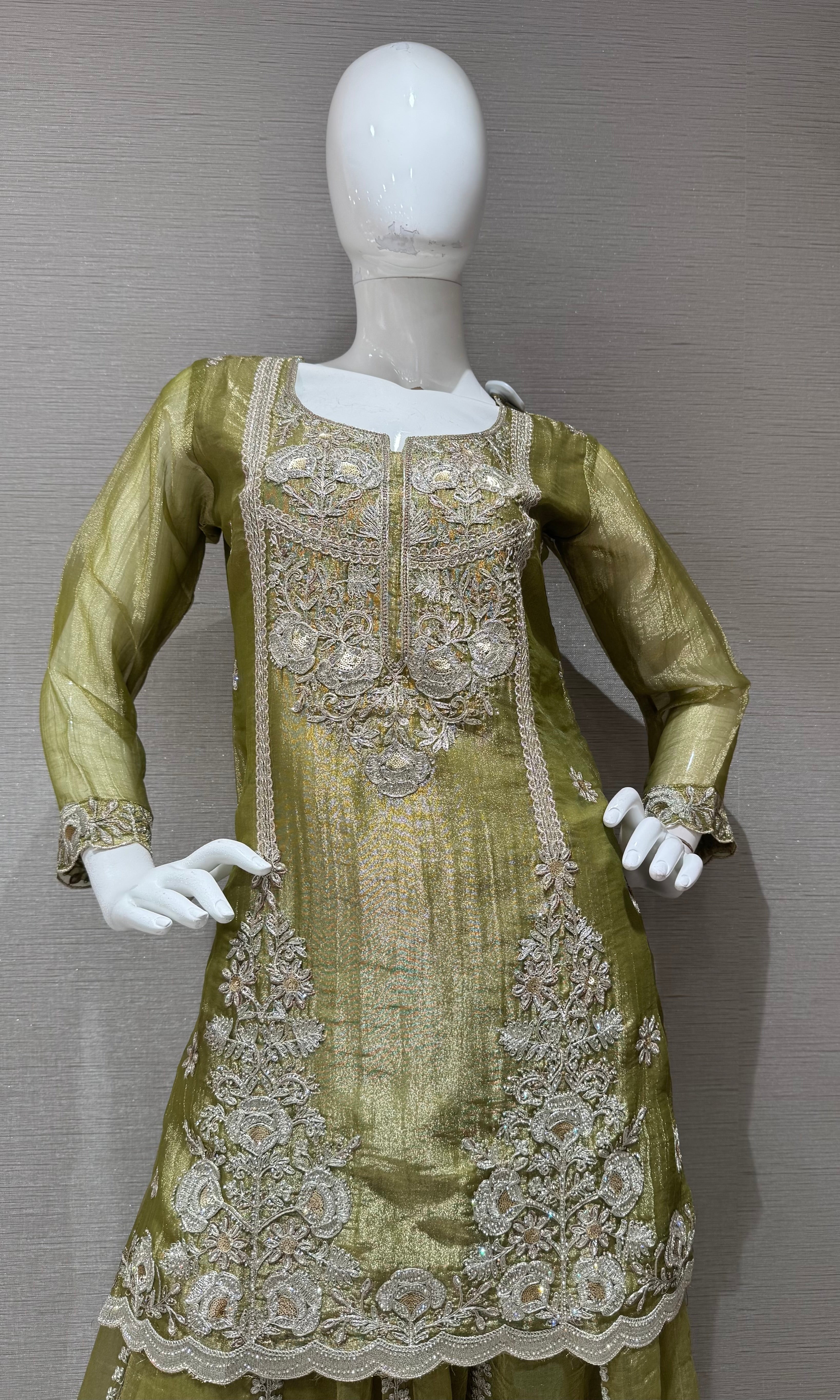 Olive Green Embroidered Sharara Set with Sheer Dupatta