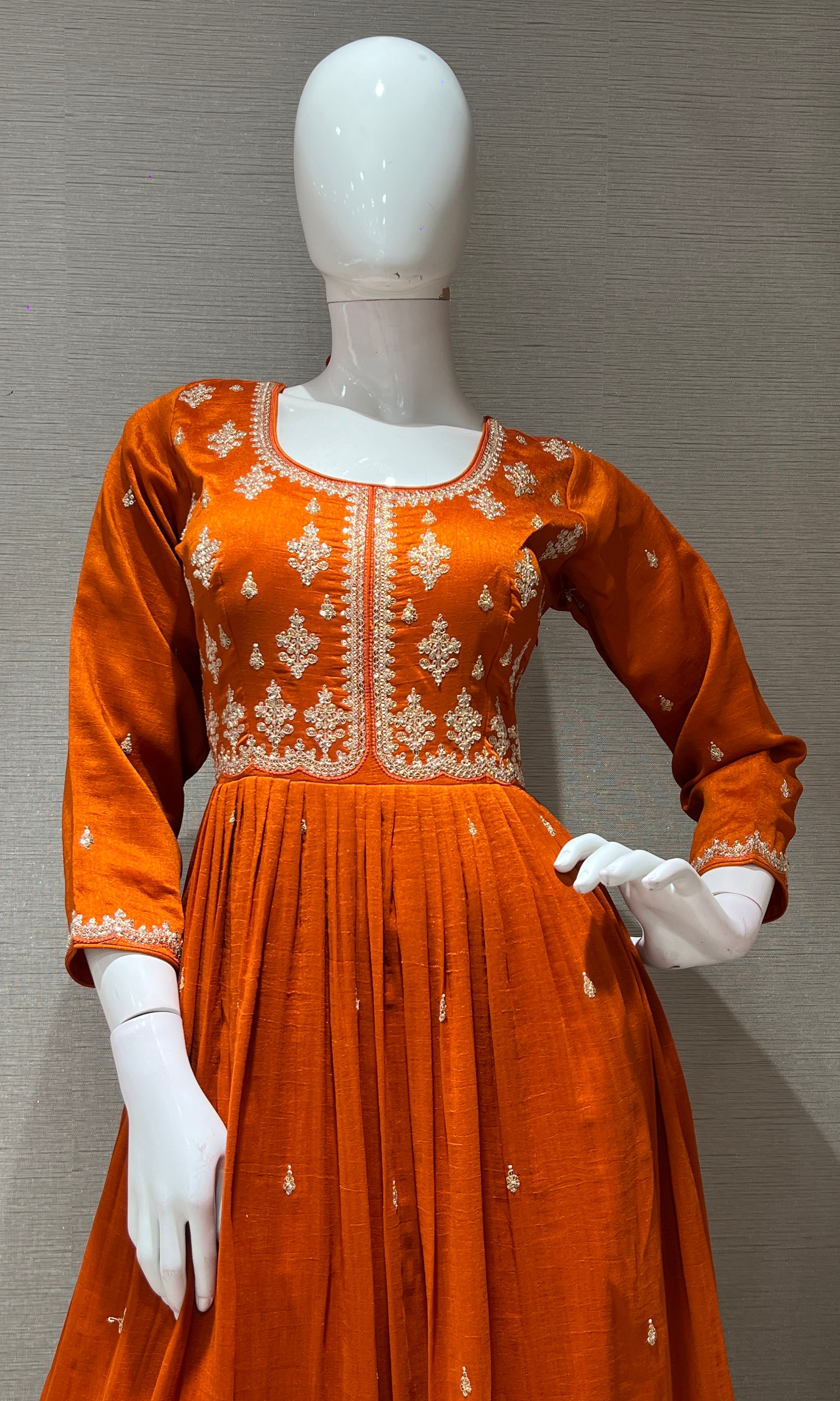 Rust EMBROIDERED LONG ANARKALI DRESS