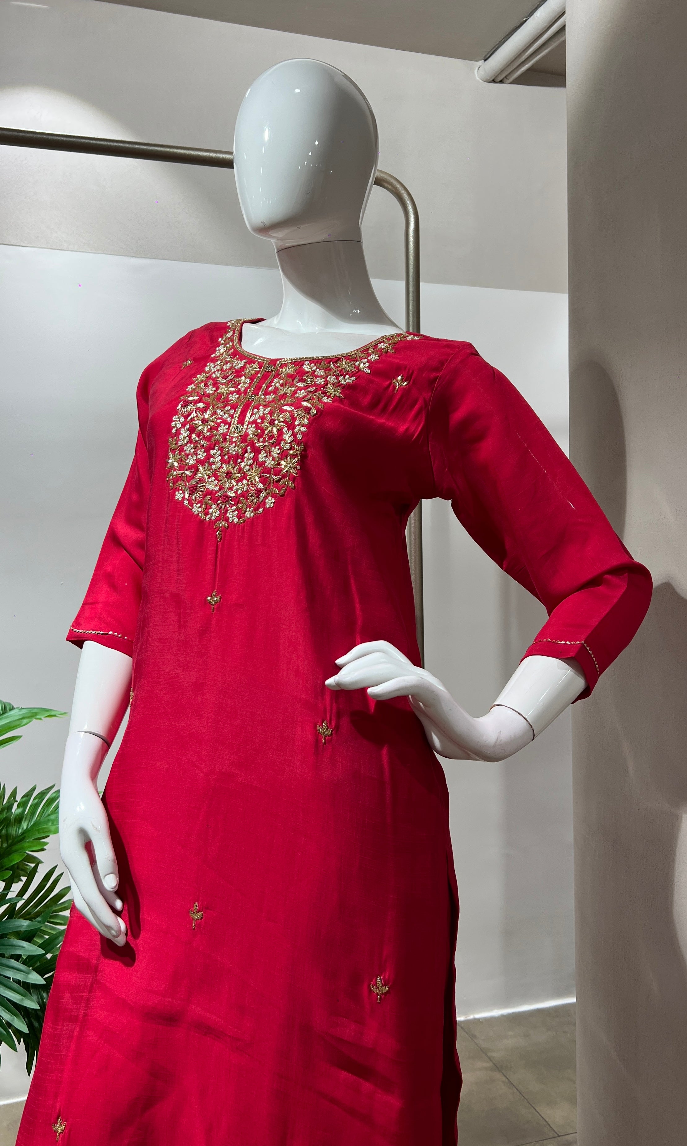 RANI PINK GOLD NECK WORK KURTA SET