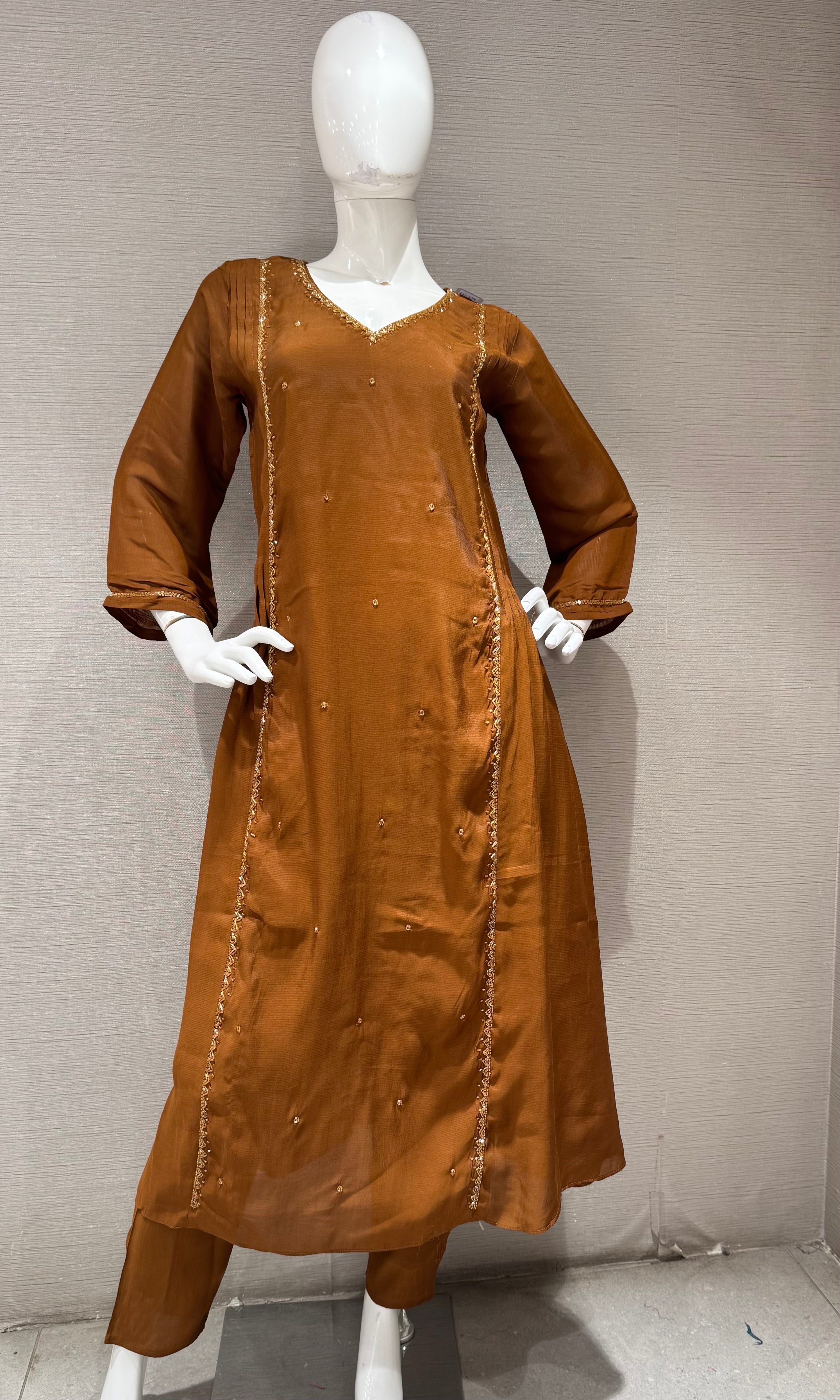 Brown A line Cotton Kurta set with dupatta