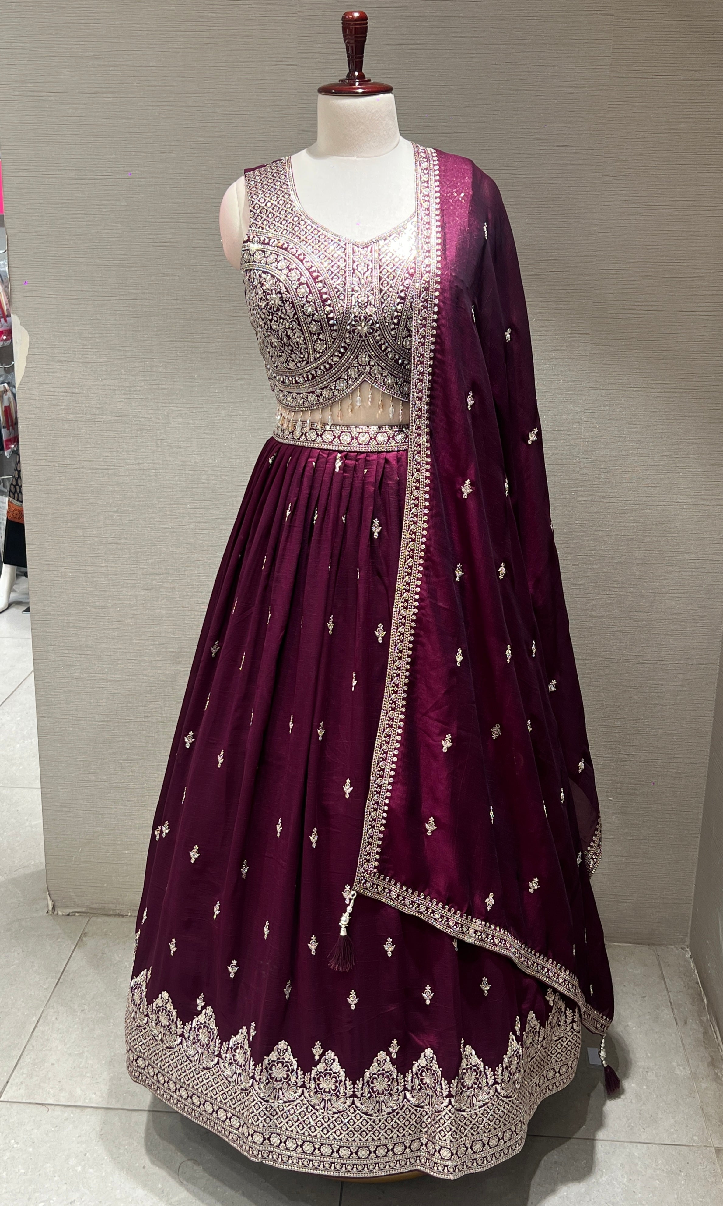 Wine Heavy Mirror Embroidered Lehenga