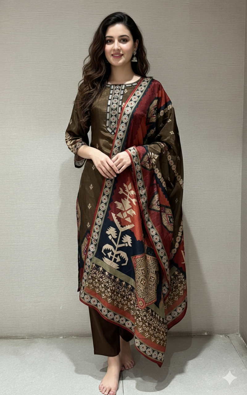 Brown ETHNIC PRINTED kurta set
