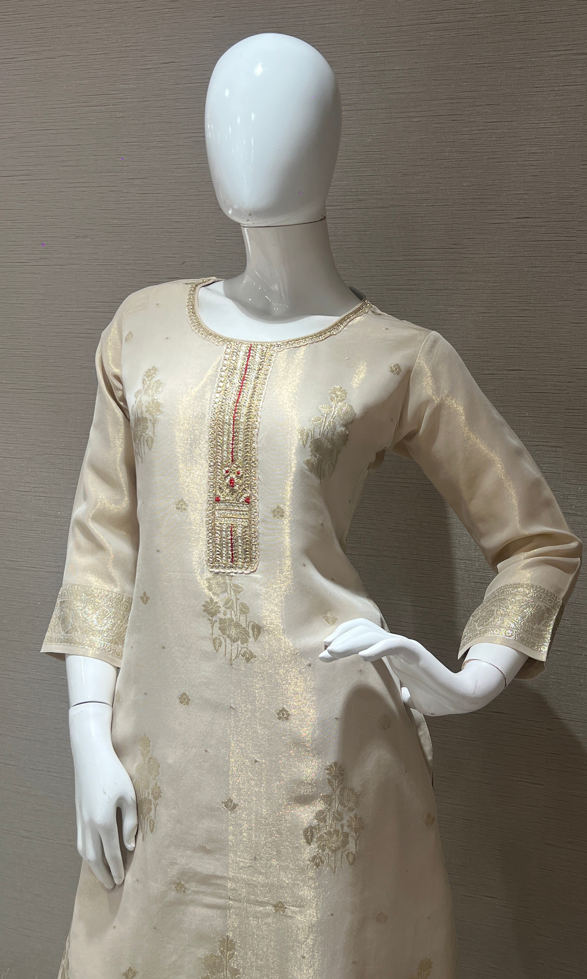 Beige Chanderi Embroidered Kurta Set