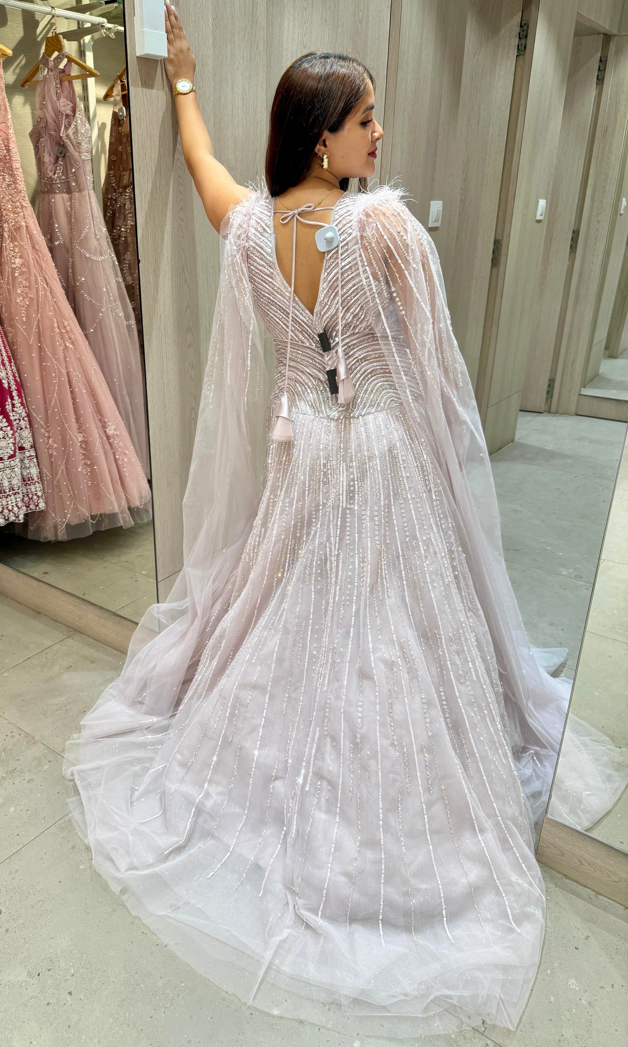 Lavender Sequins Net Designer Gown