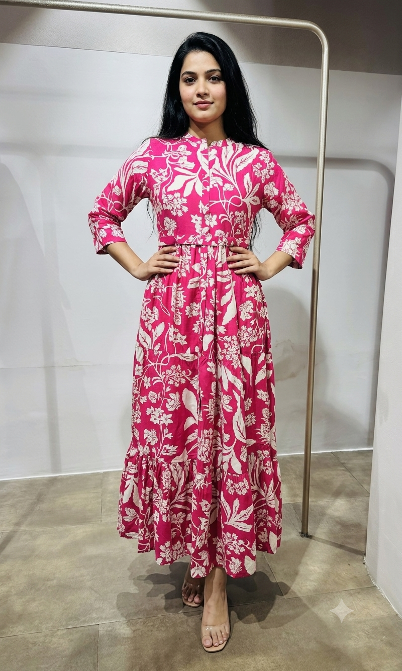 pink and white floral print Frock