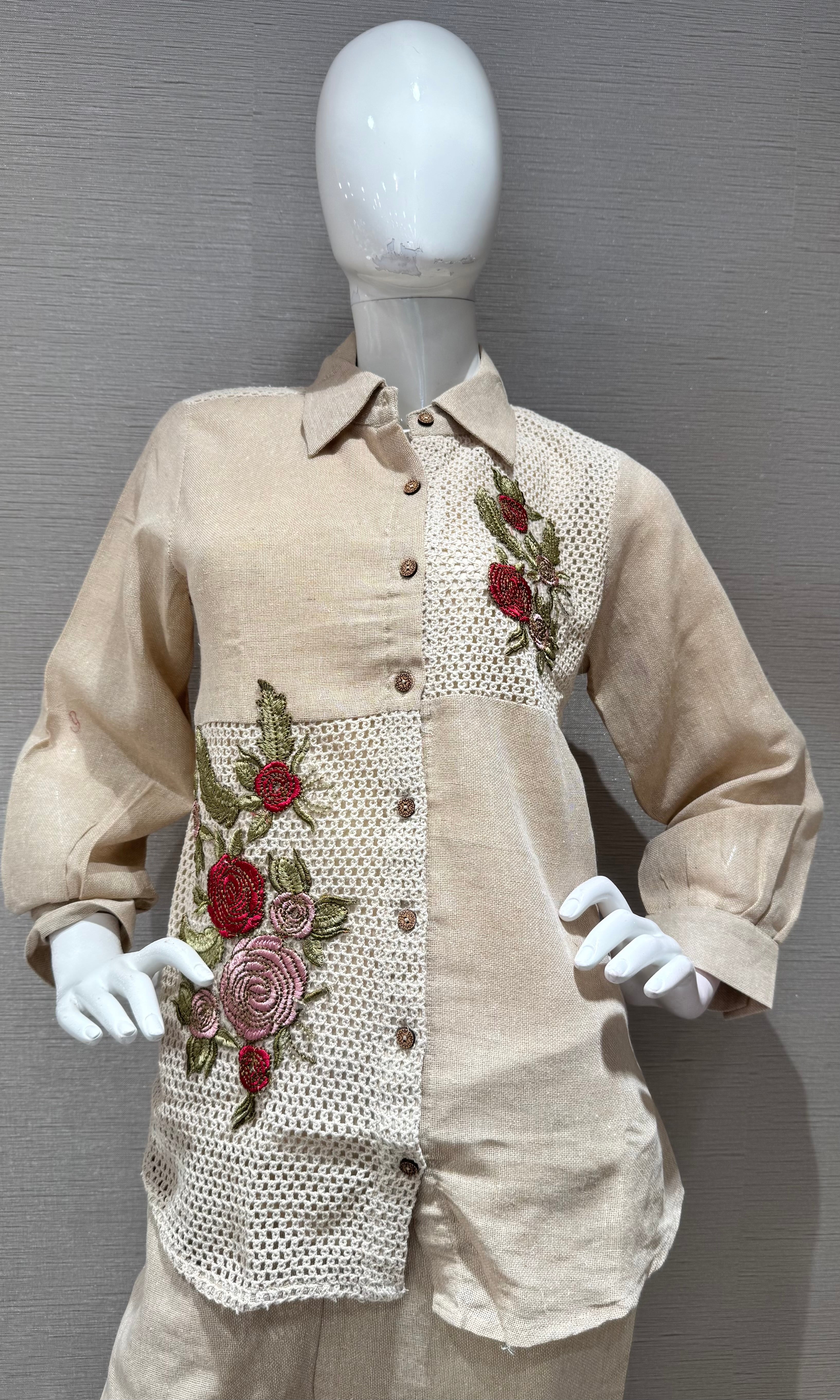 Beige Linen Embroidered Cord Set