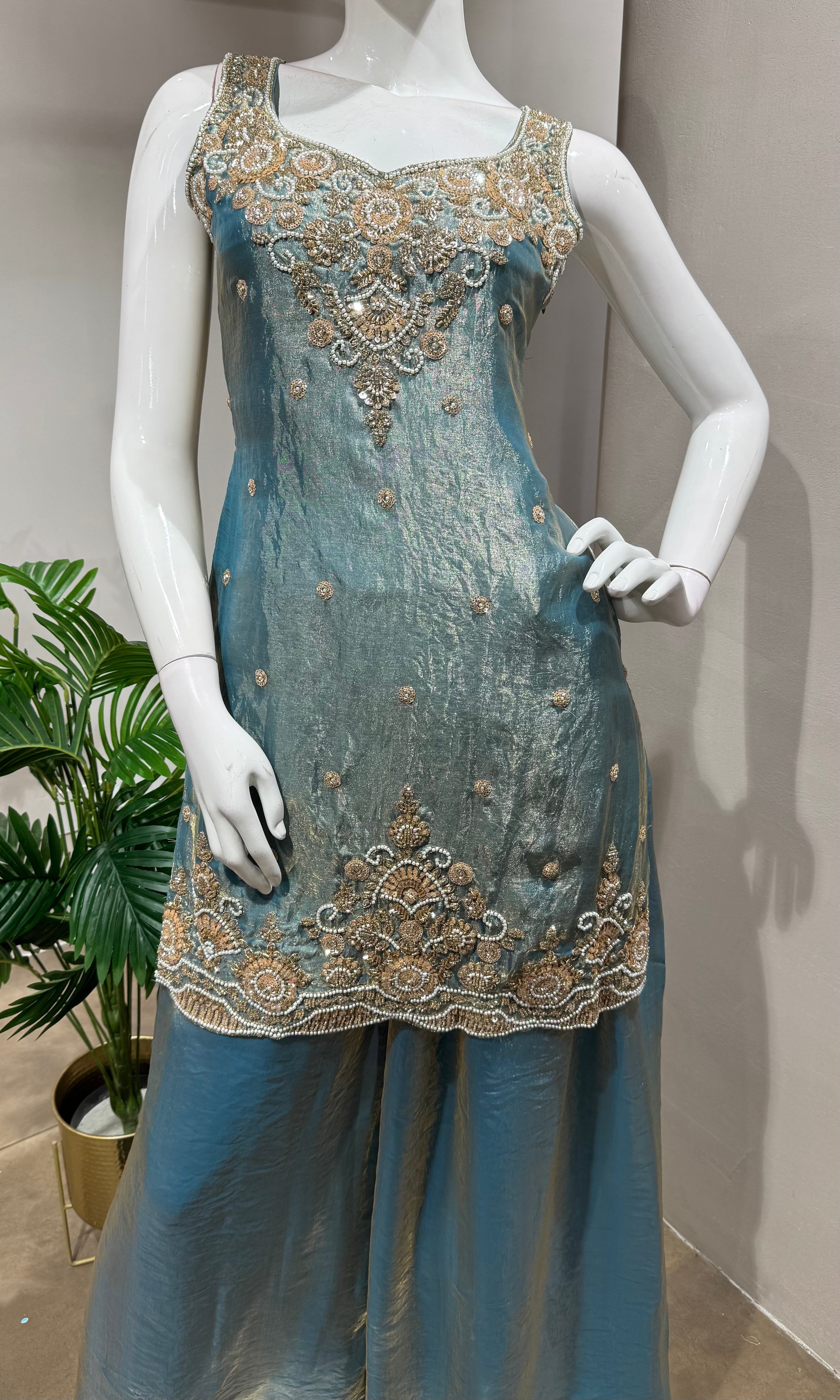 Blue Tissue golden embroidered Sharara Set