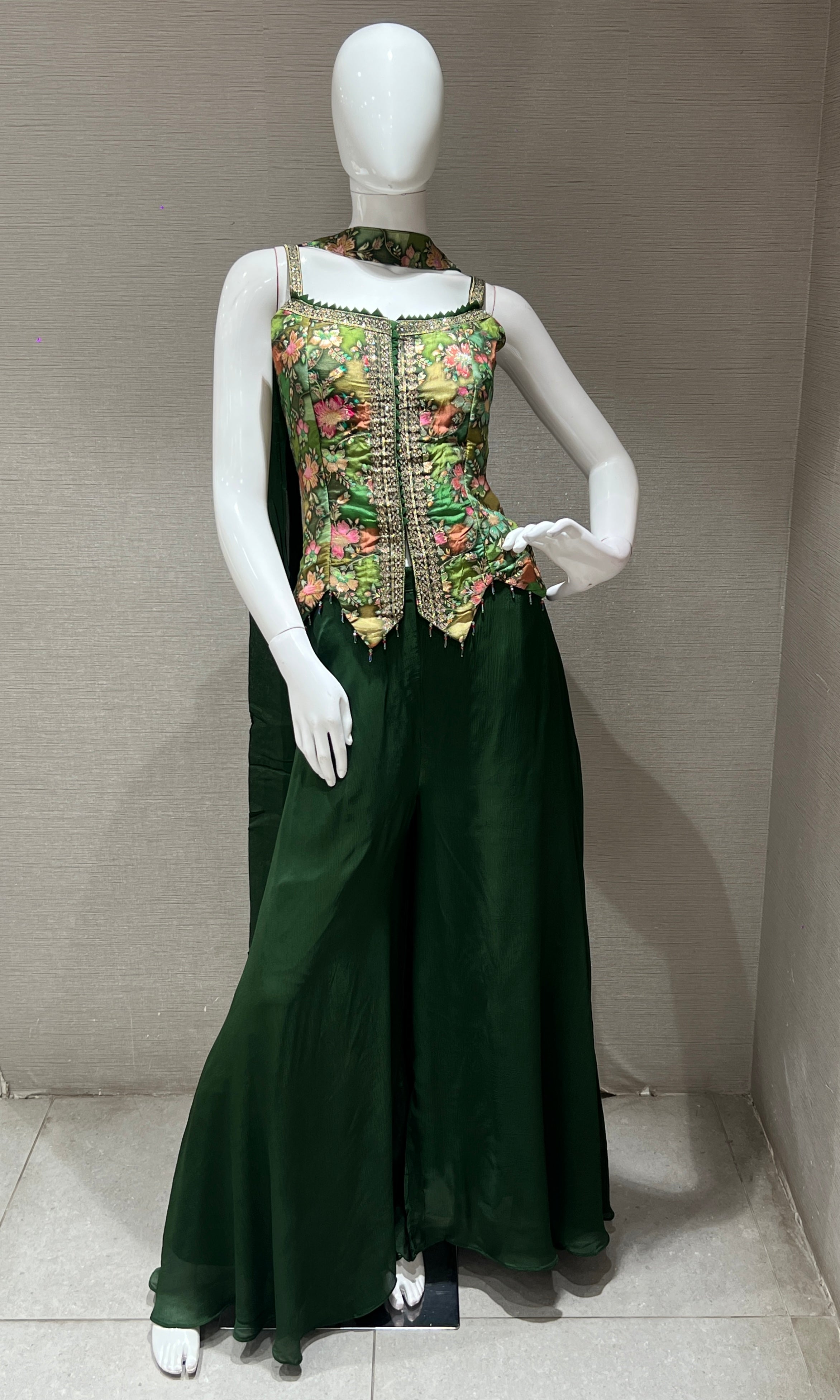 Green Floral Peplum Top with Palazzo Set