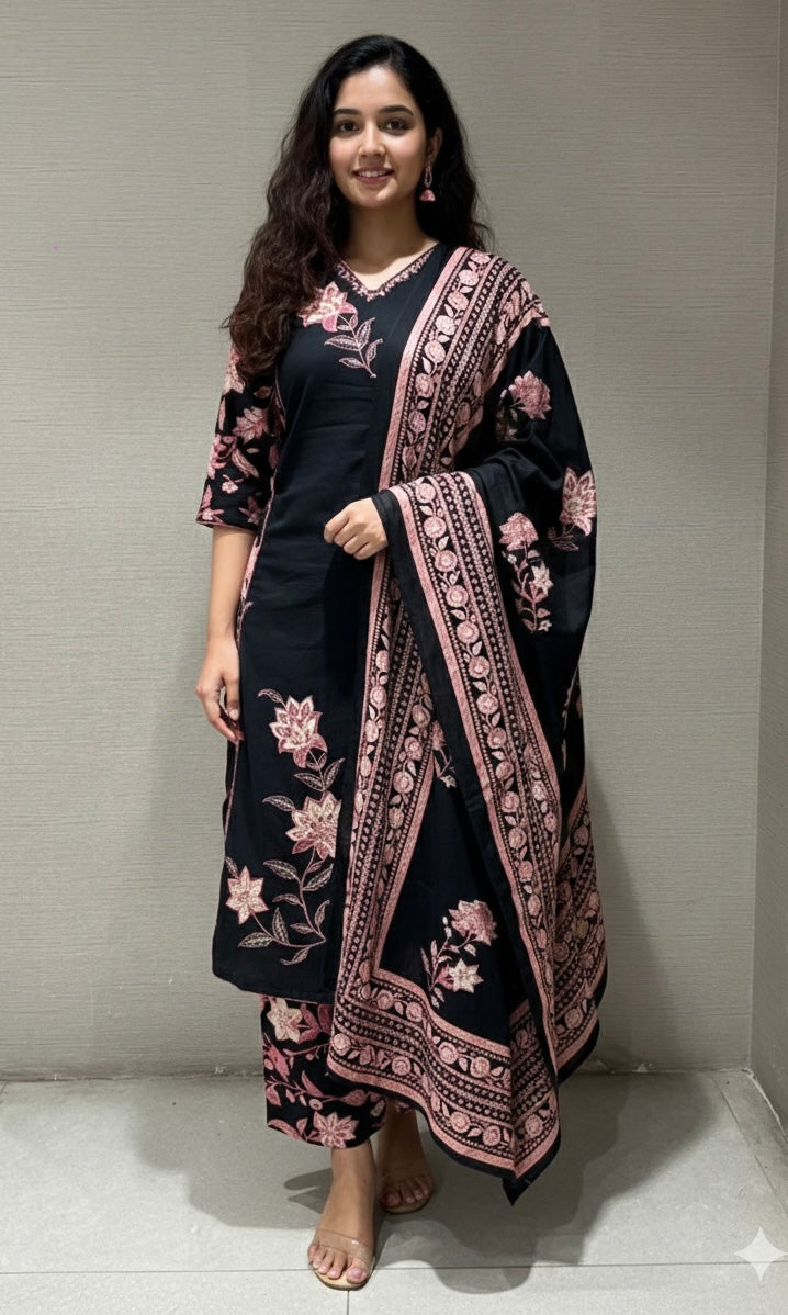 BLACK FLORAL PRINT KURTA SET