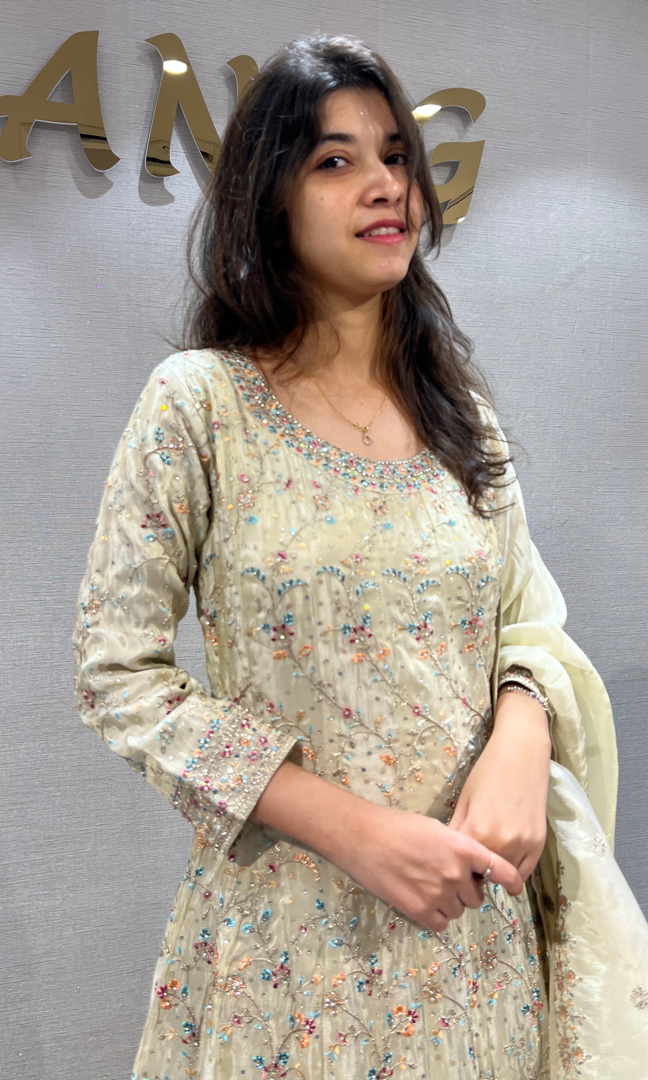 Cream Sequins and Beads Anarkali set with Dupatta