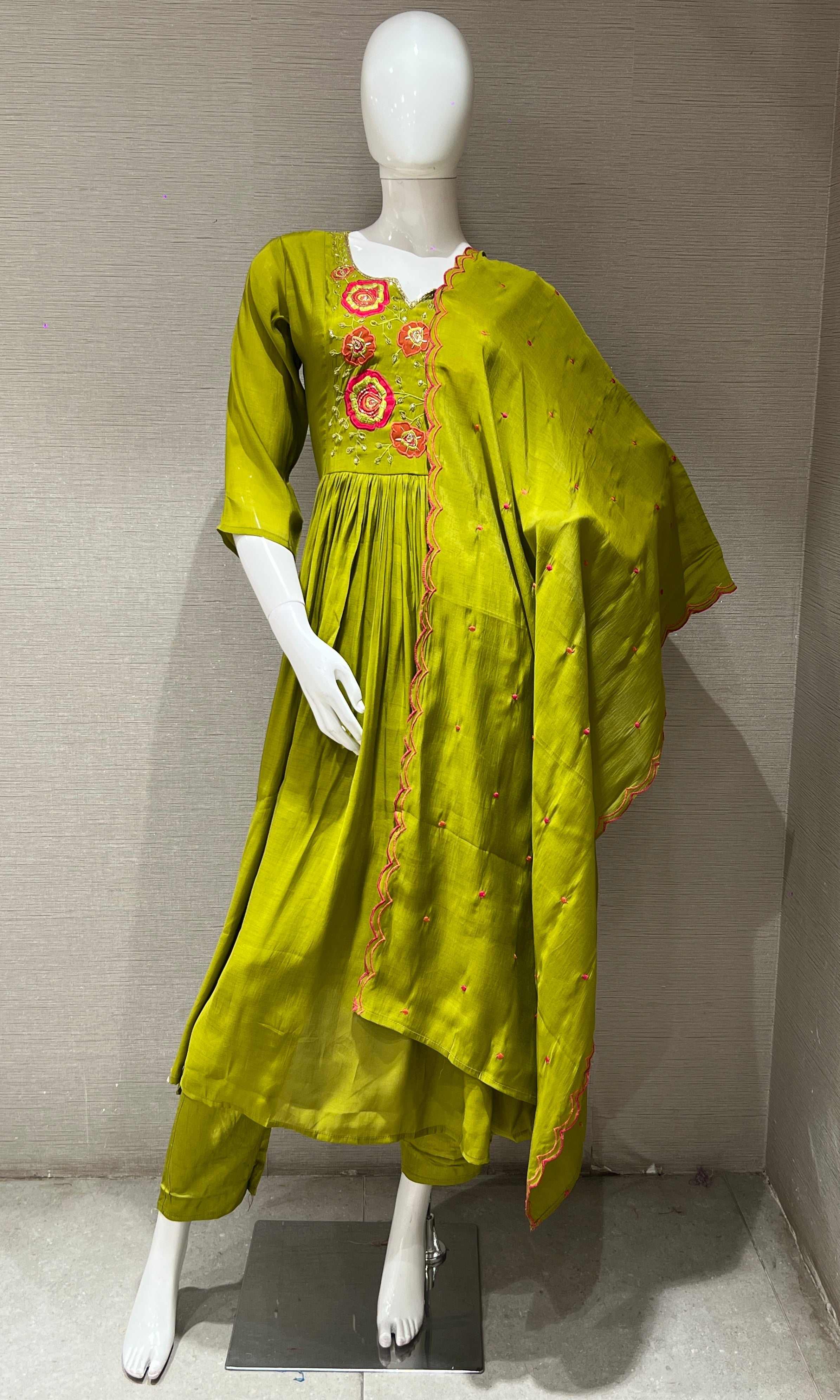 Green Floral Mul Chanderi kurta set