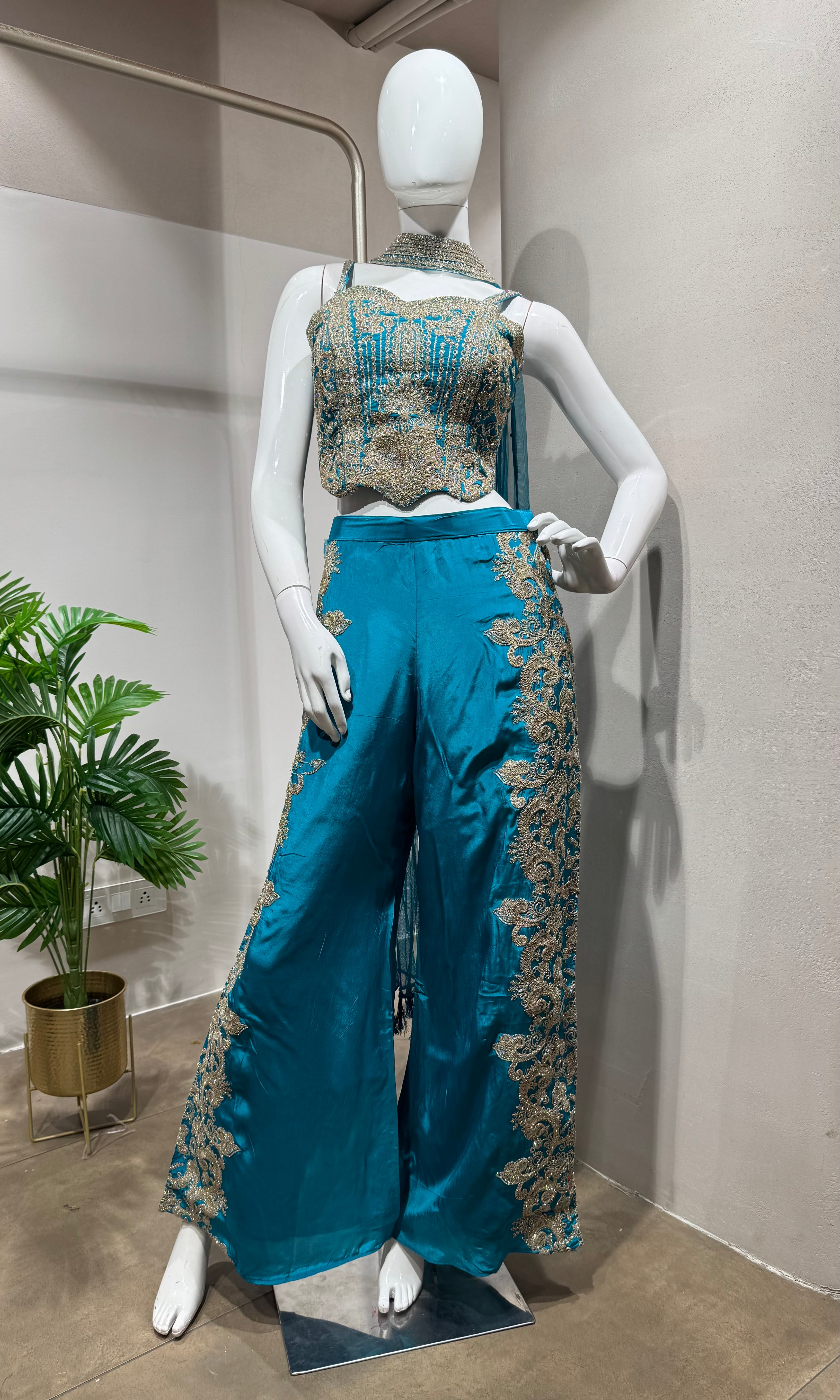 Rama blue Embroidered Indo-Western Set