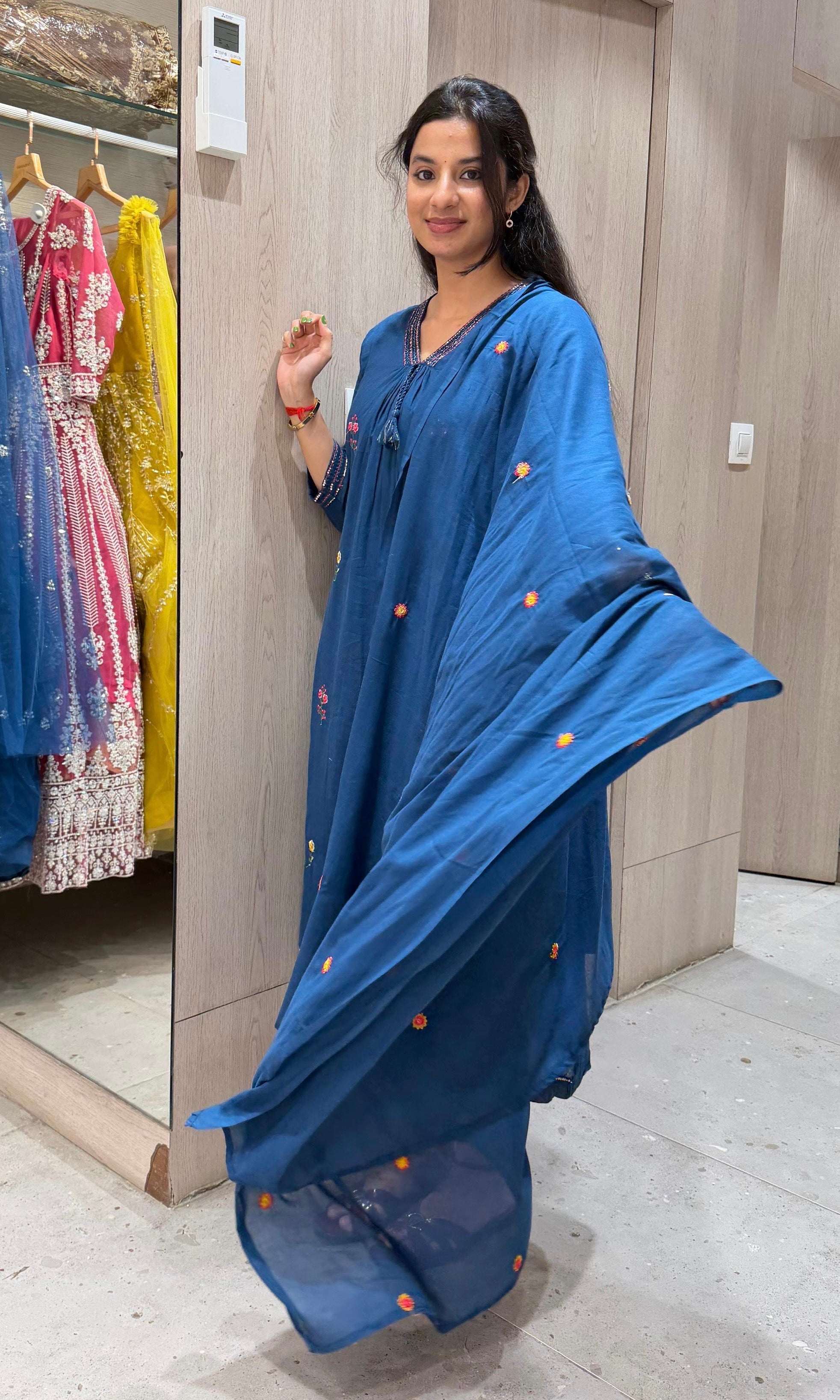 Blue FLORAL EMBROIDERED KURTA SET
