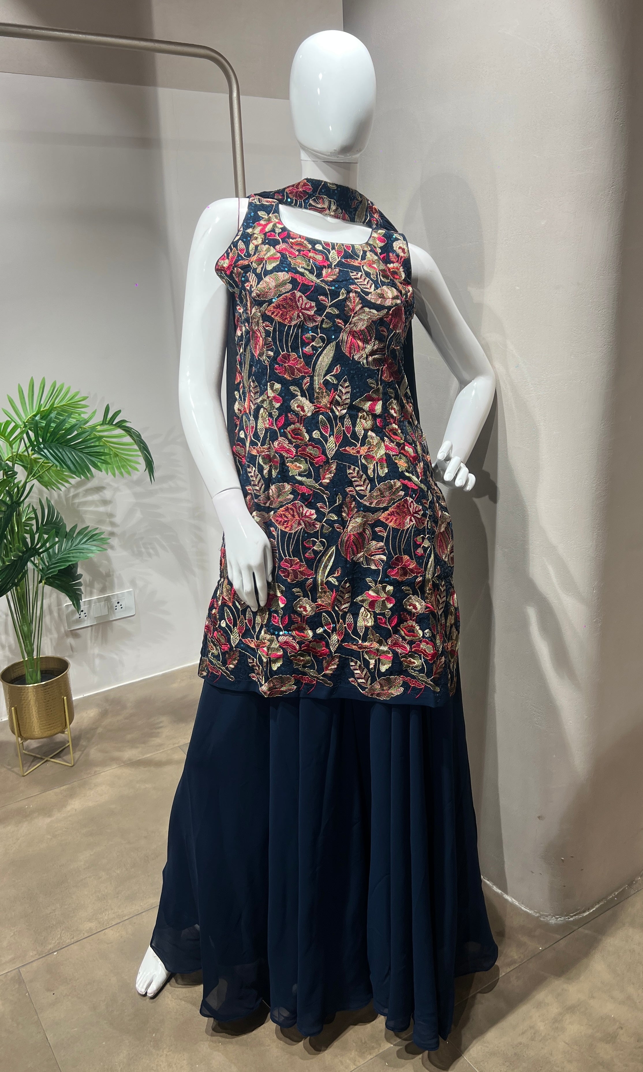 Navy Blue Floral Georgette Sharara Set