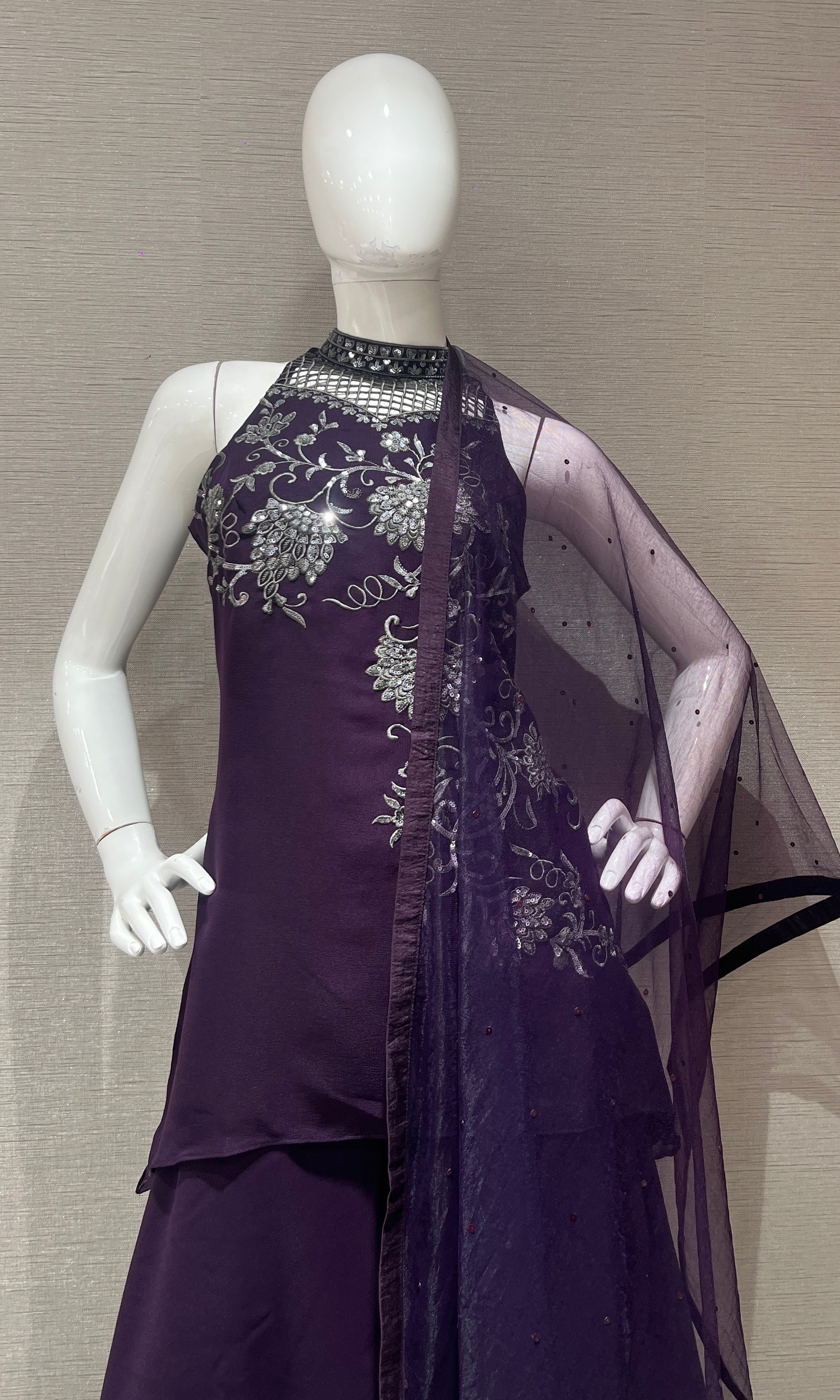 Wine ethnic floral halter peplum palazzo set
