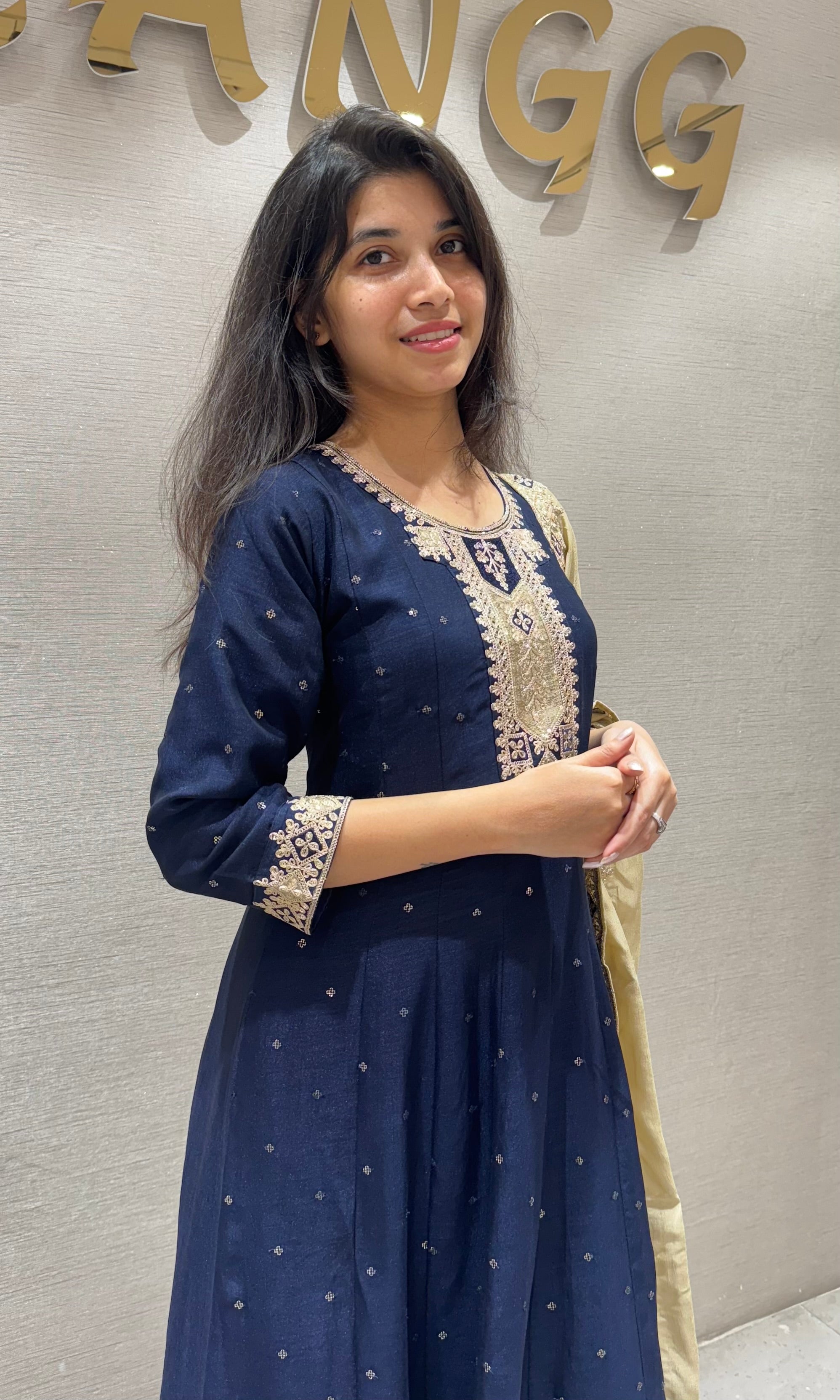 Navy blue Anarkali with contrast dupatta