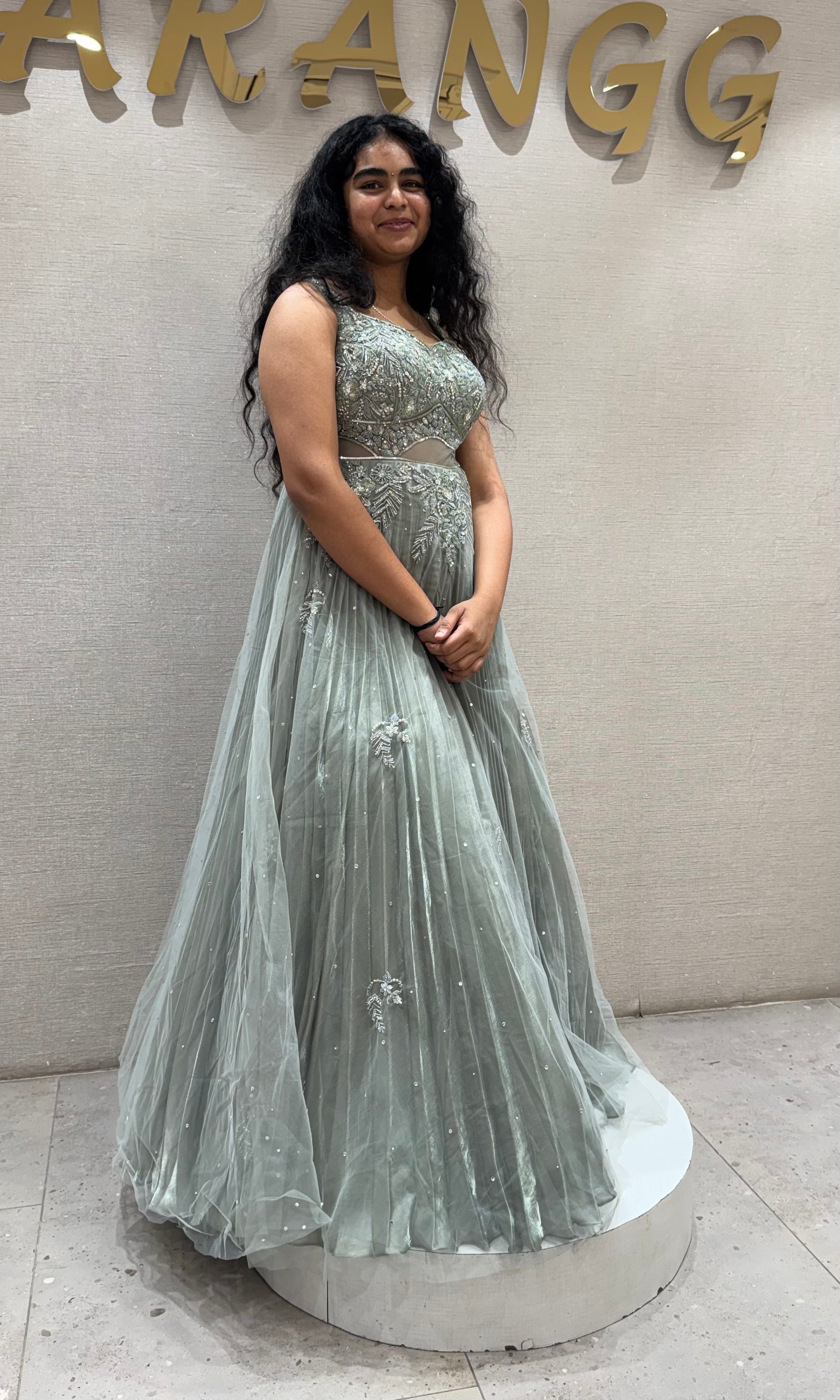 Pastel Green Sage Floral Applique Gown
