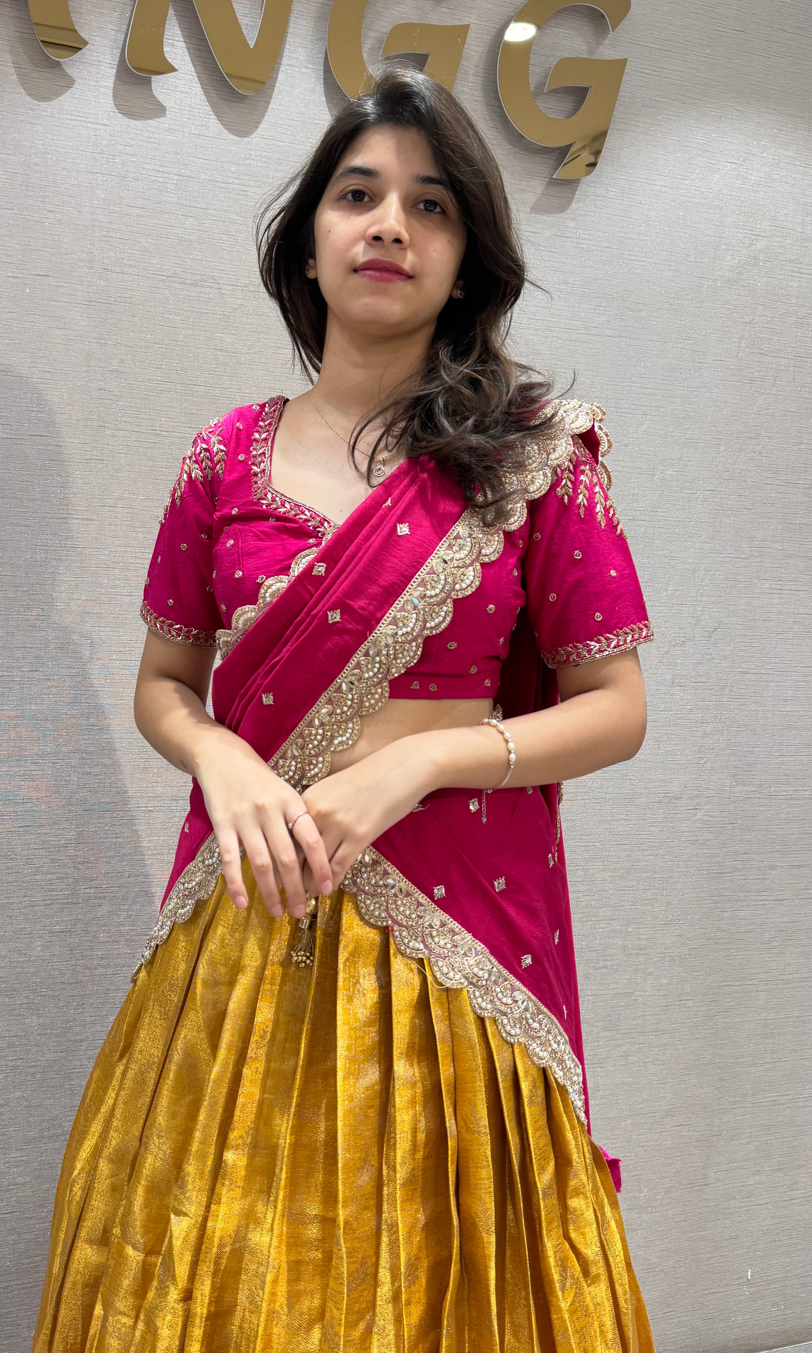 Pink & yellow Pattu Pavadai Half saree set