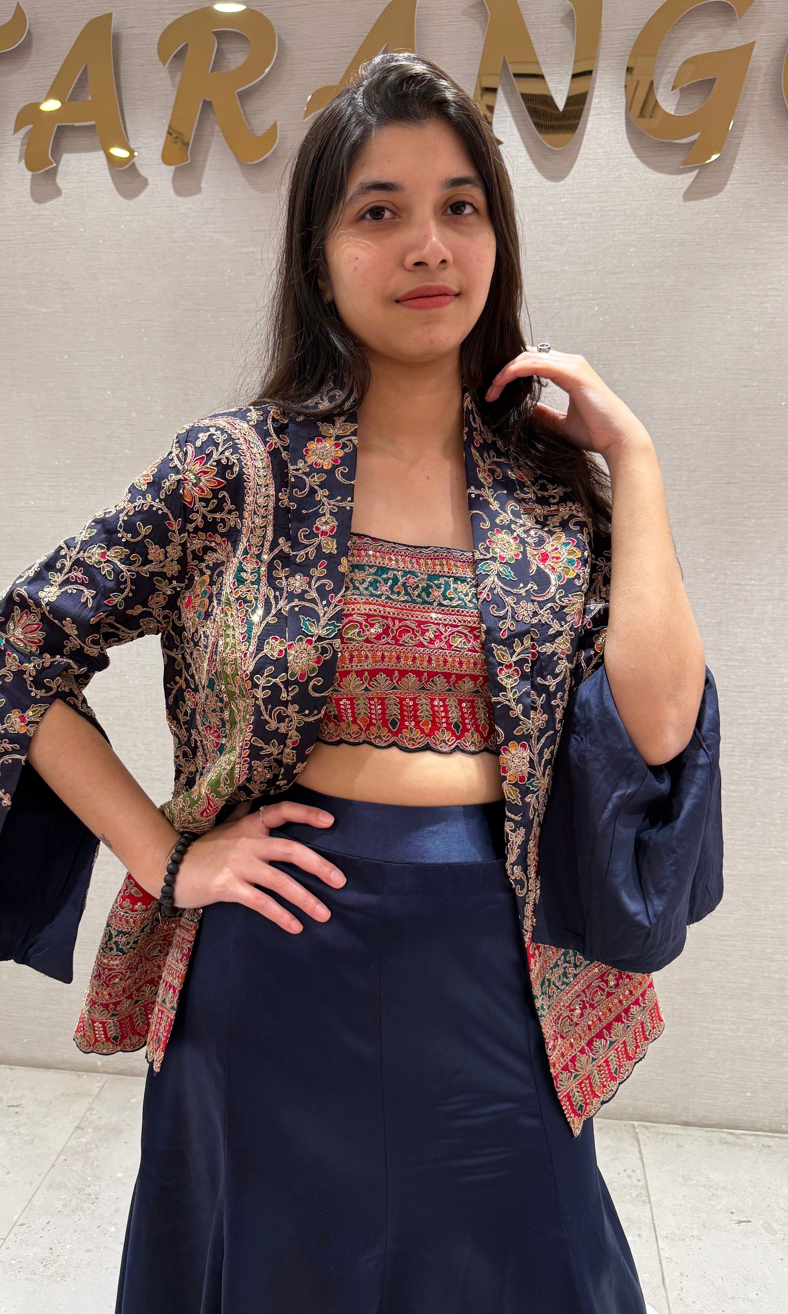 Navy Blue Skirt Set with Embroidered Jacket
