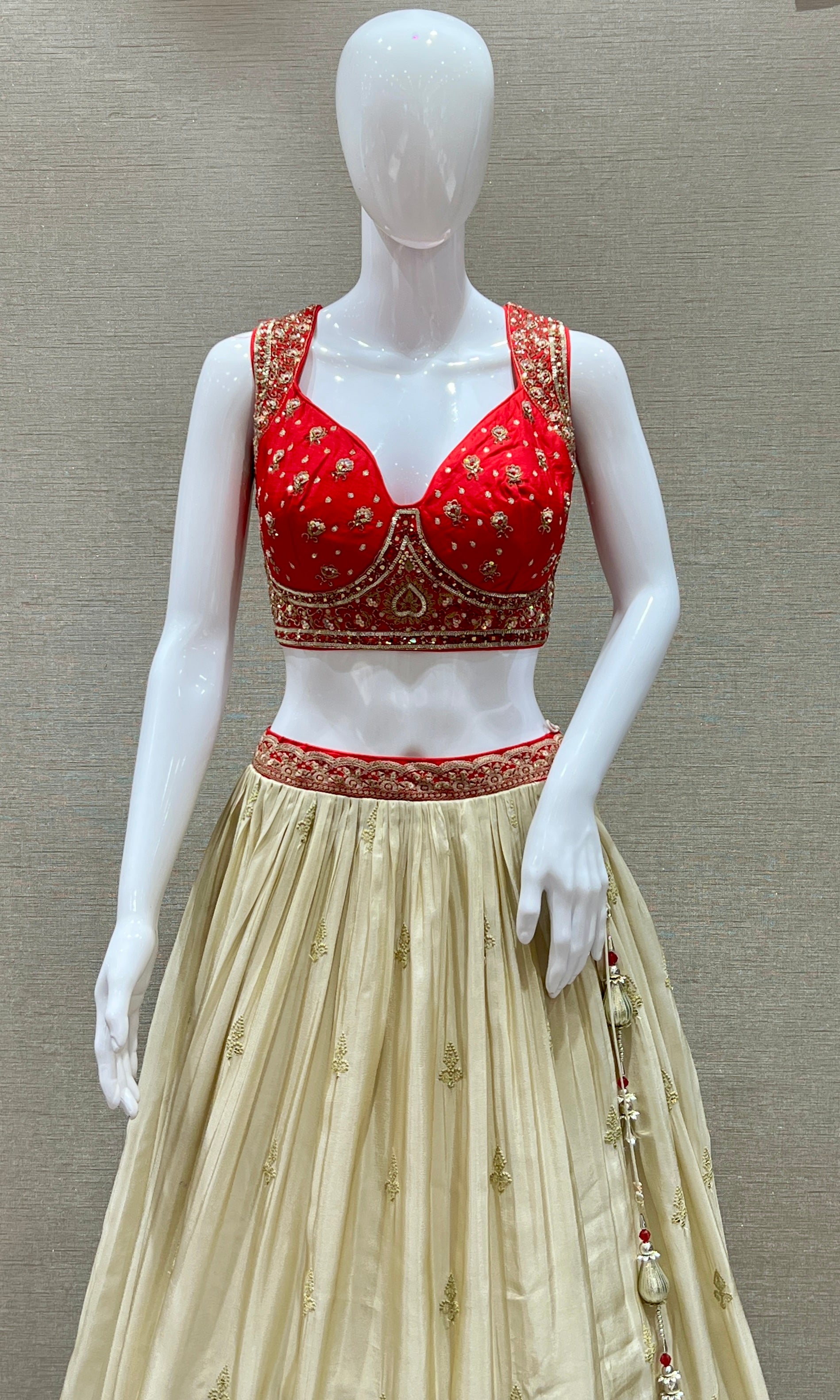 RED AND CREAM EMBROIDERED LEHENGA
