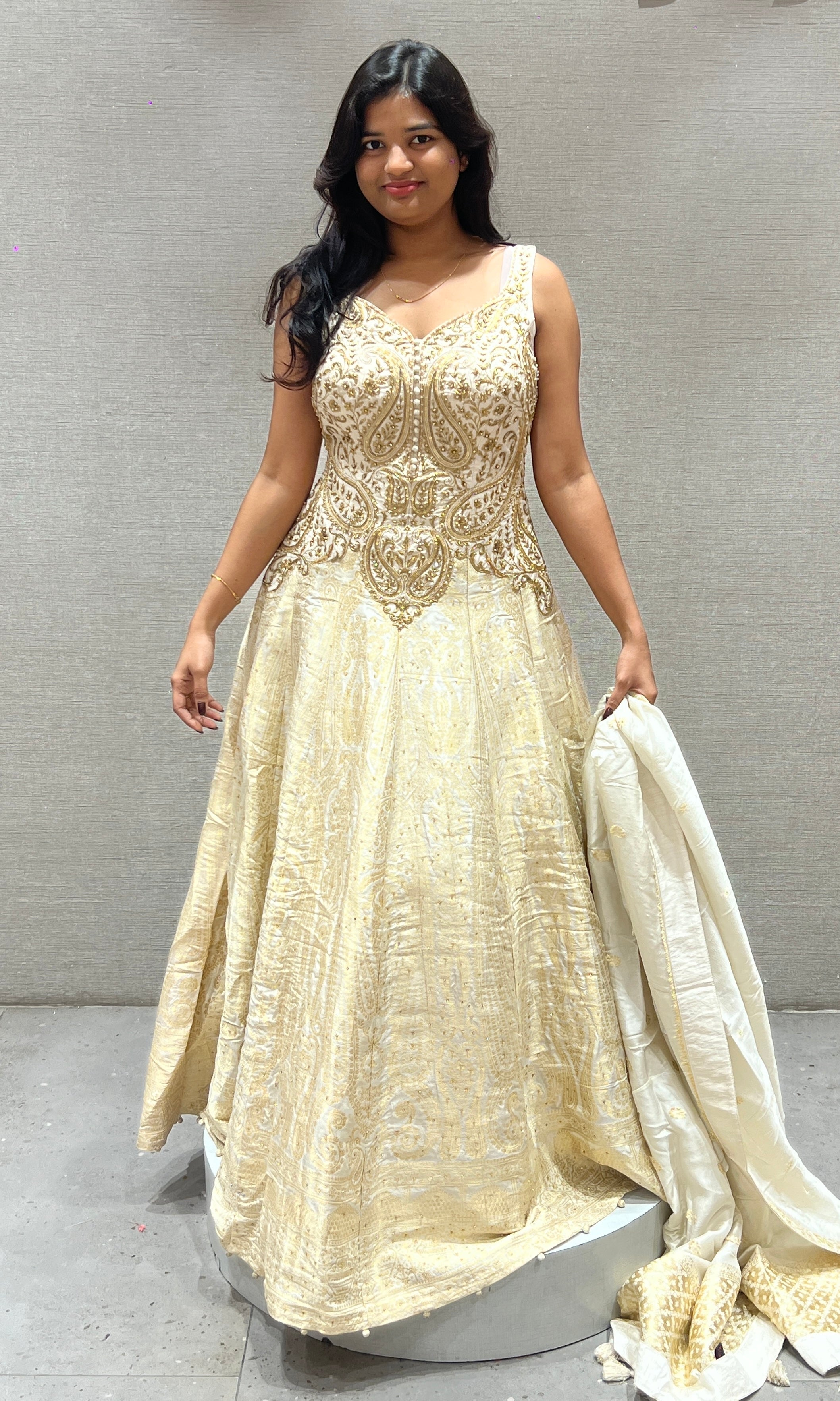 Cream and Gold Zardozi Anarkali Gown