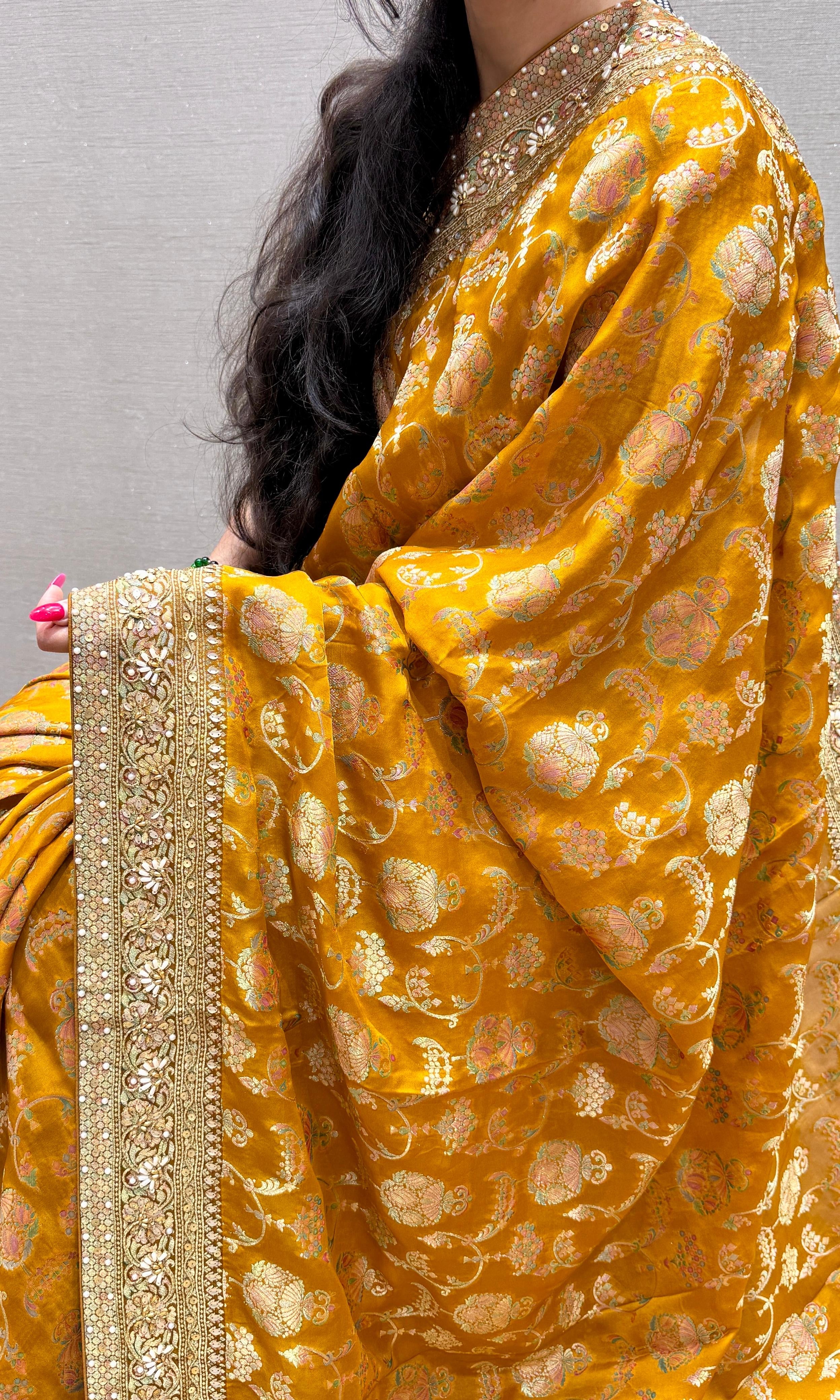 Golden Brown Banarasi saree with ready blouse