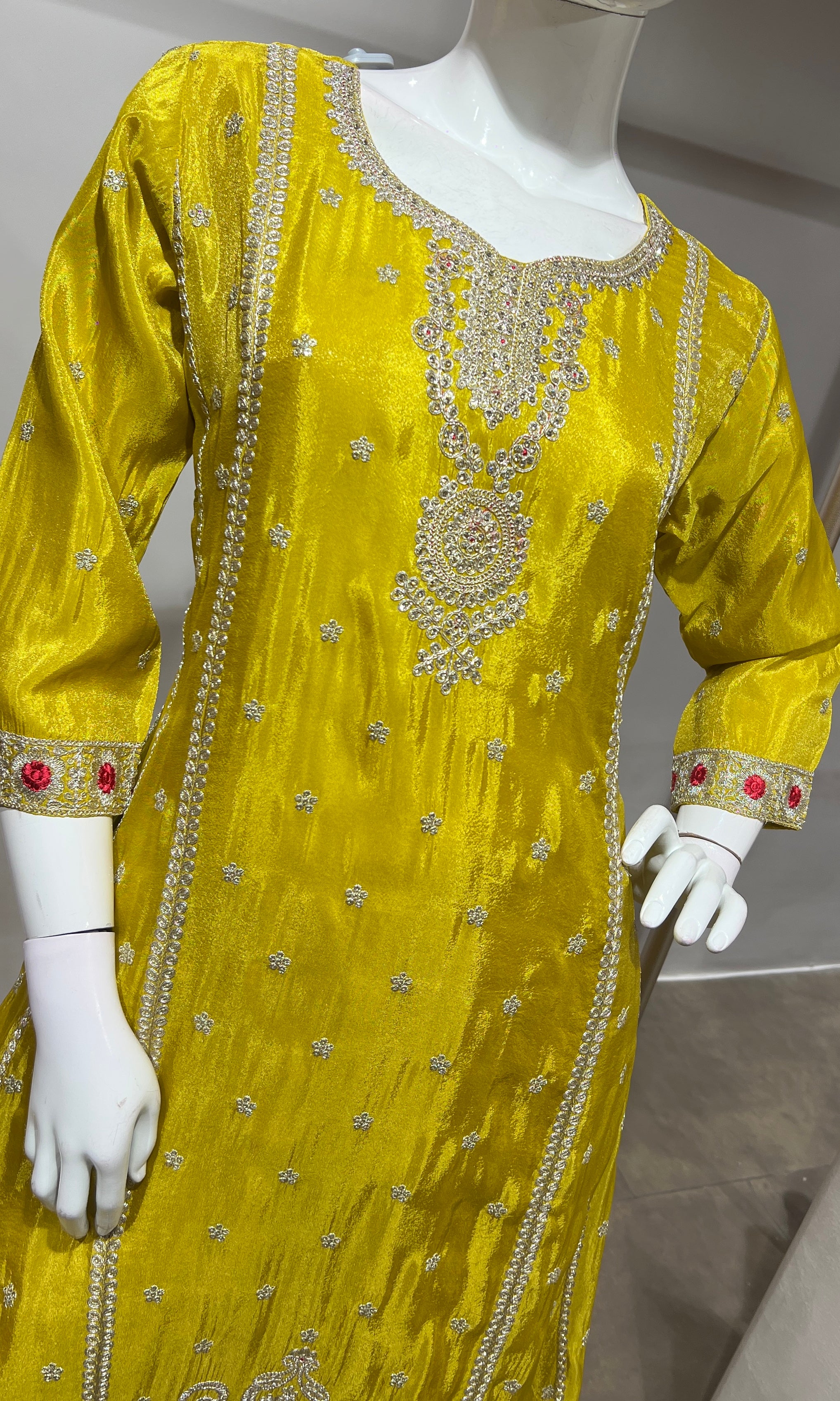 Yellow Silk Embroidered Kurta Suit with Dupatta