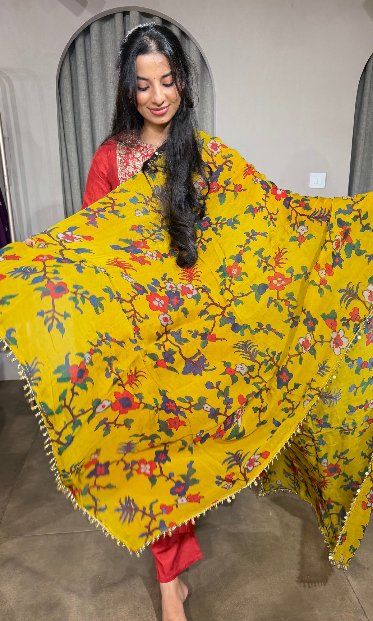 Red Mul Chanderi Kurta Set with Floral Mustard Dupatta