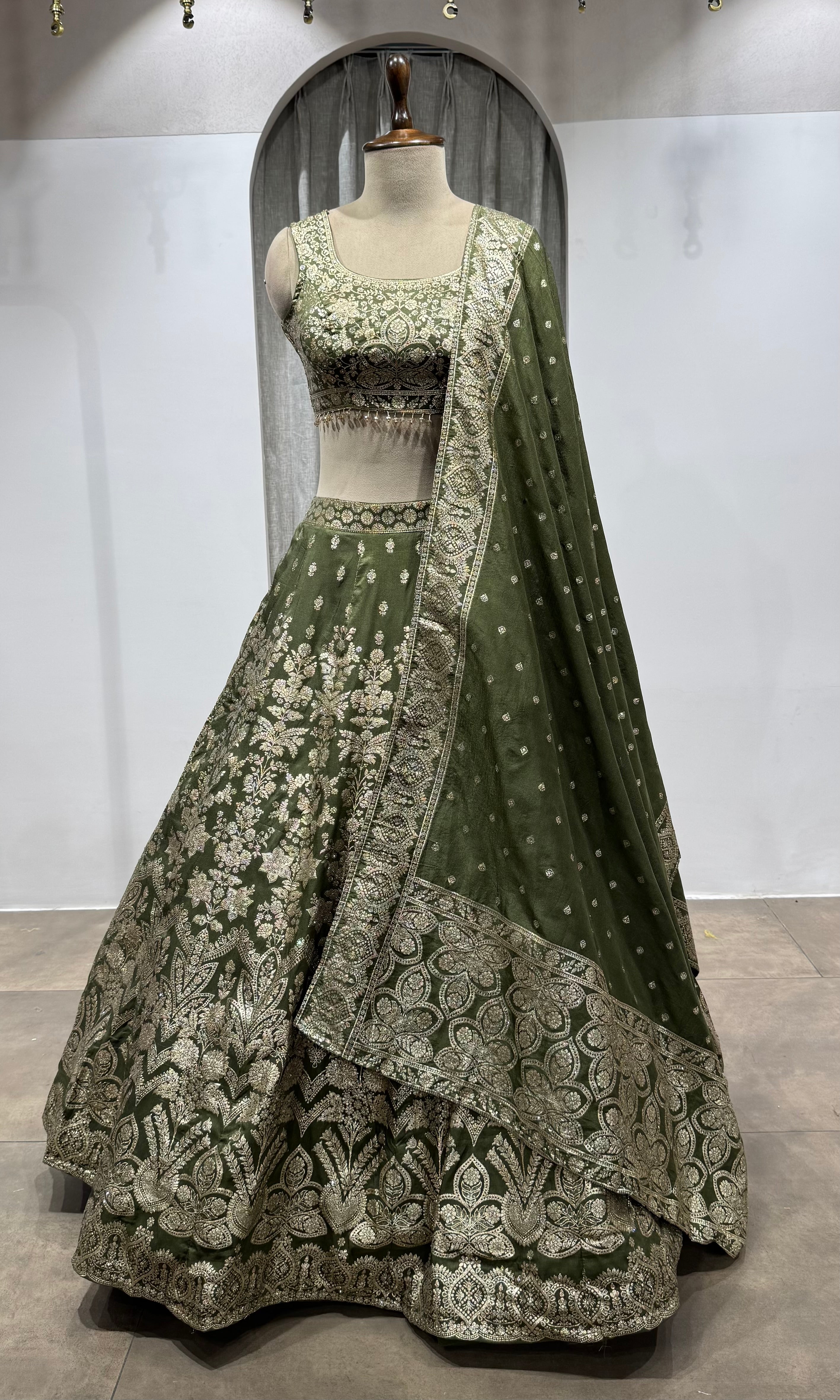 Mehendi Green Net Cord Embroidery Lehenga