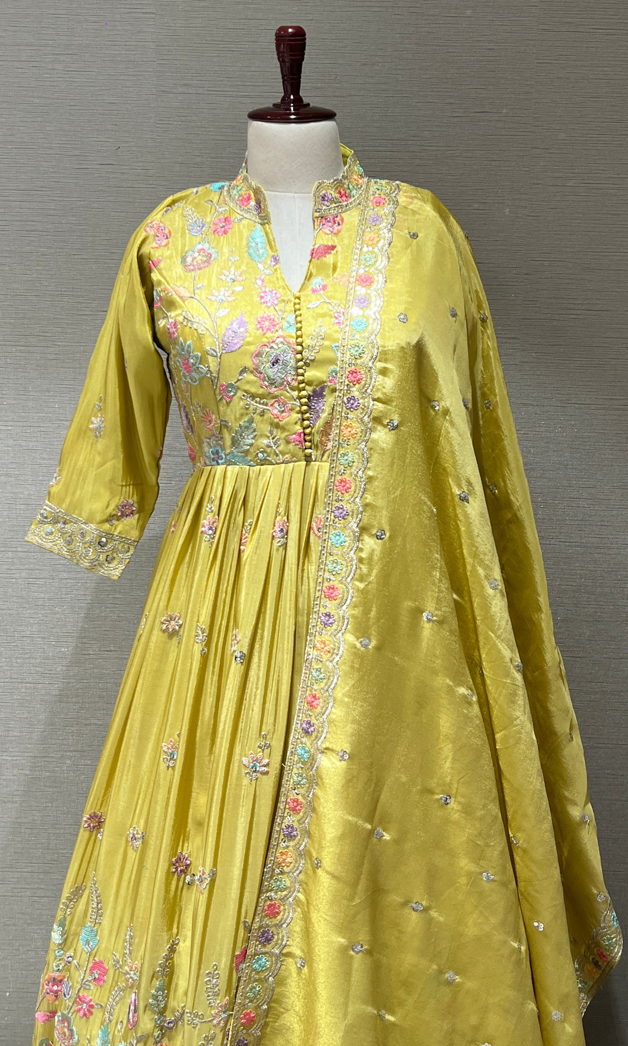 Light Yellow Anarkali Gown with Multicolor Floral Embroidery
