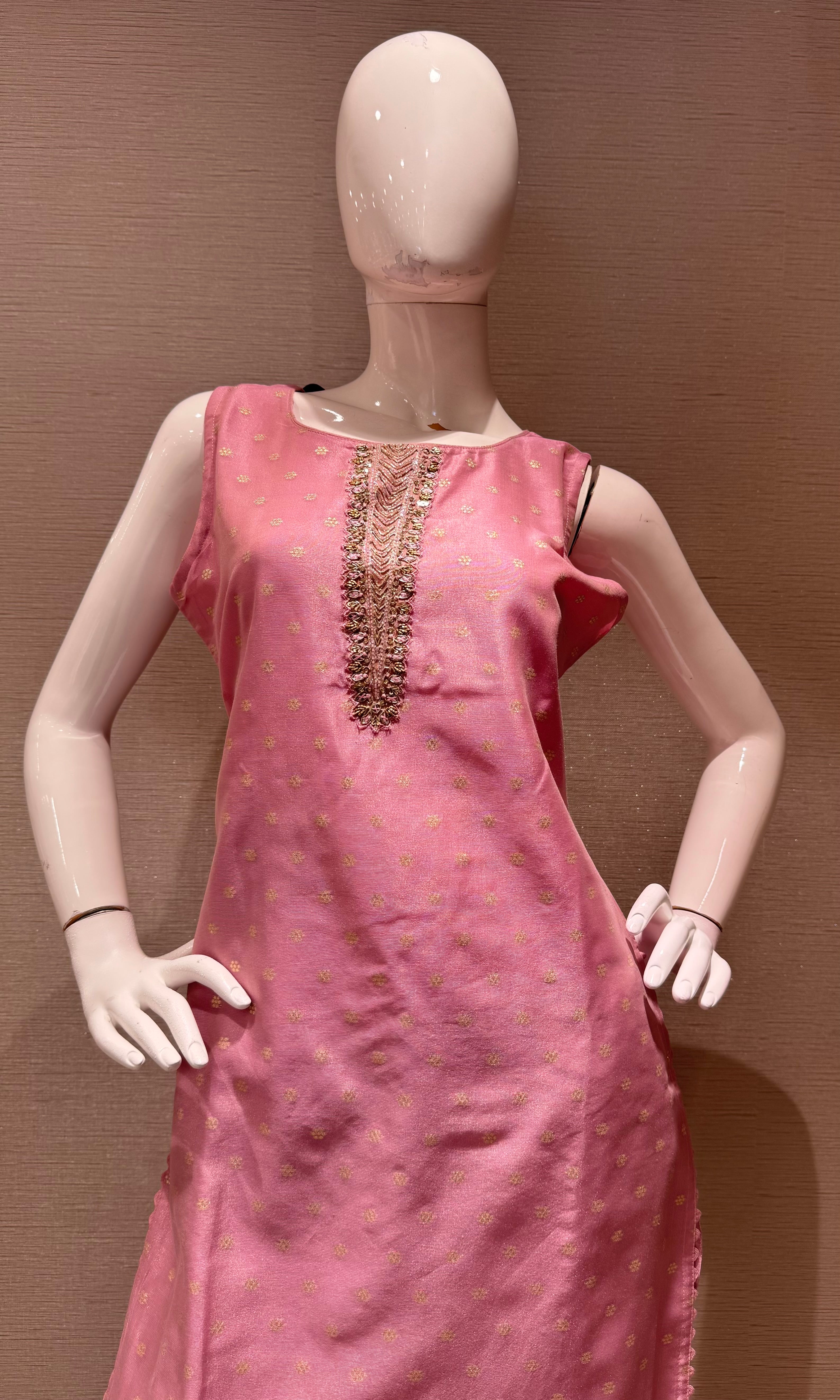 pink kurta set with gold embroidery with sheer dupatta