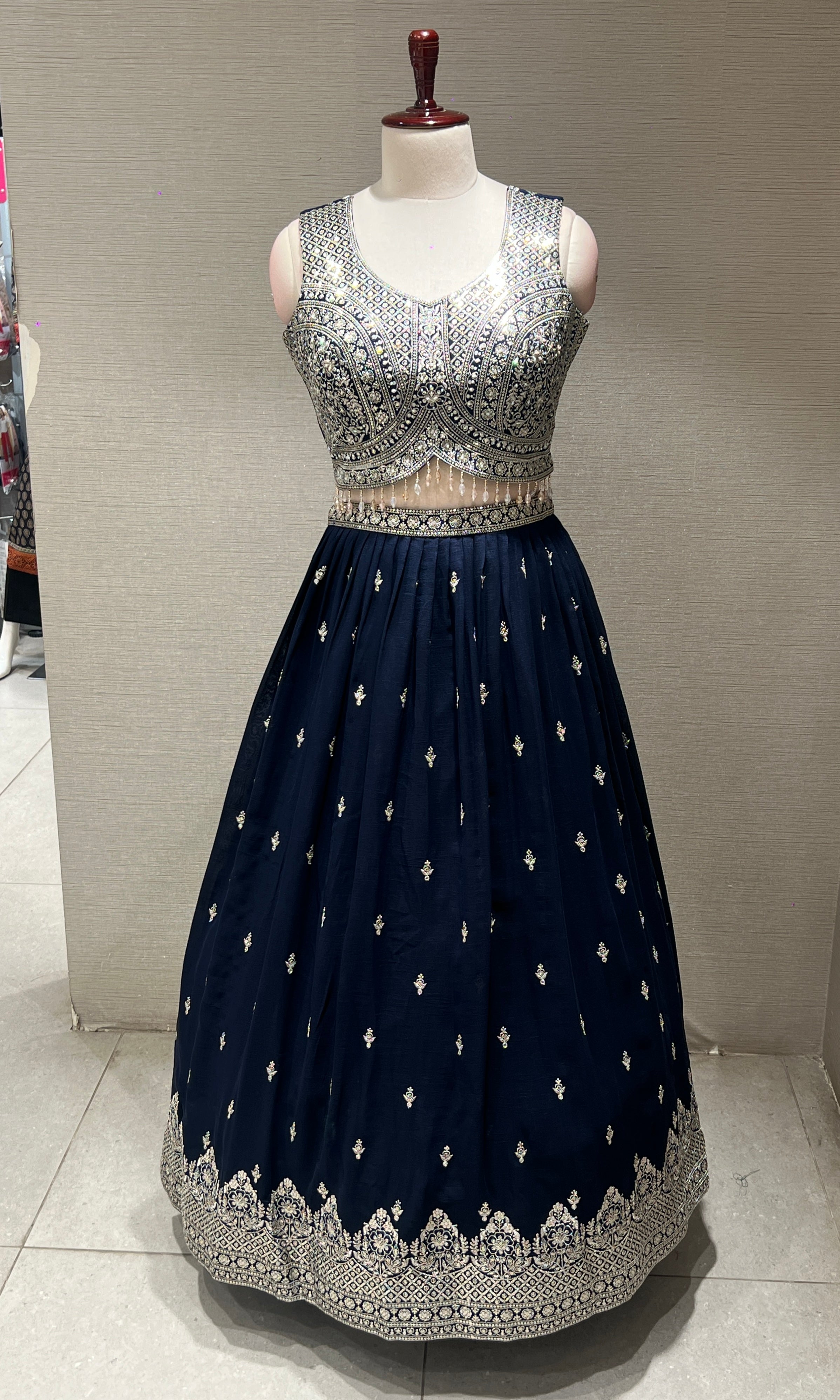 Navy Blue Heavy Mirror Embroidered Lehenga