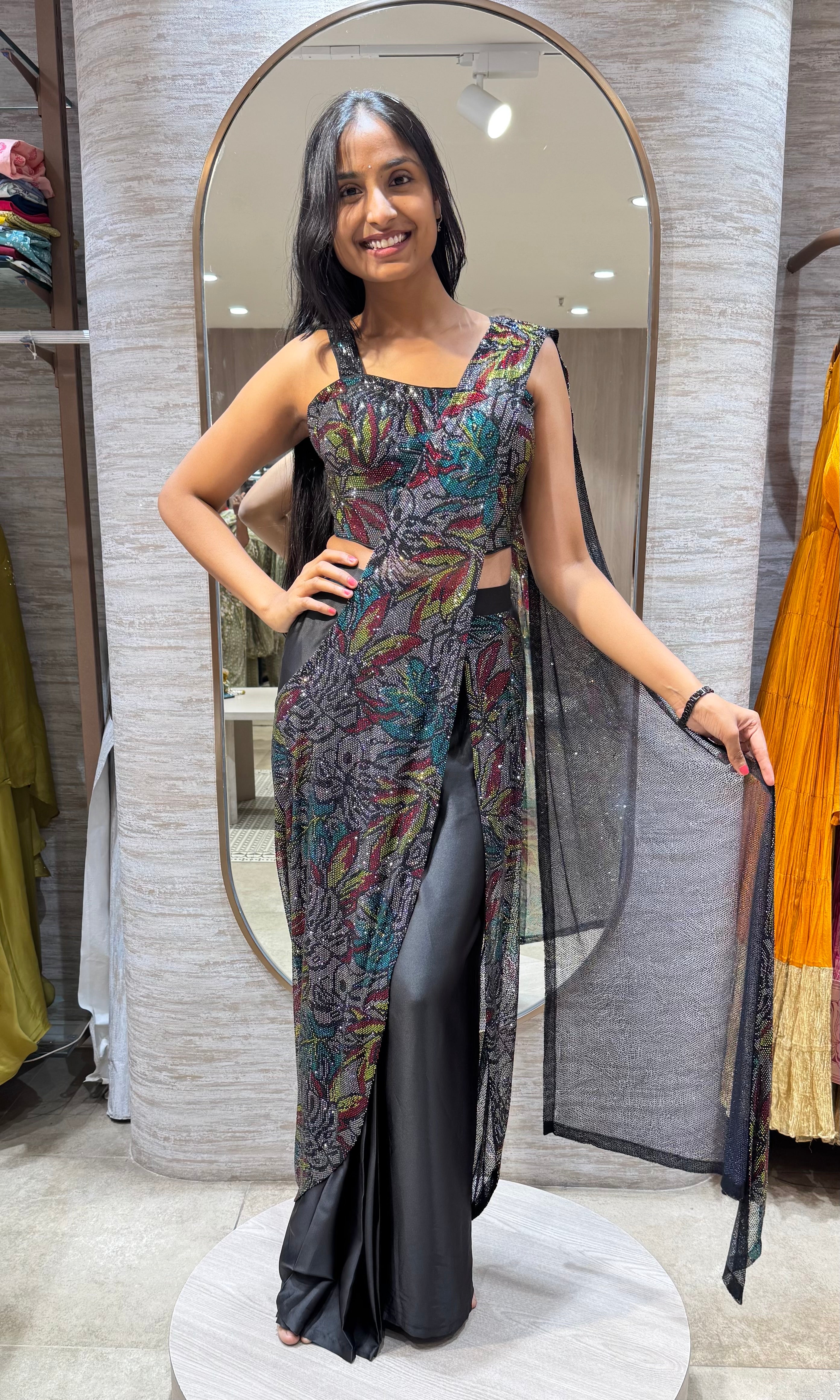 BLACK DRAPE SAREE WITH CORSET BLOUSE