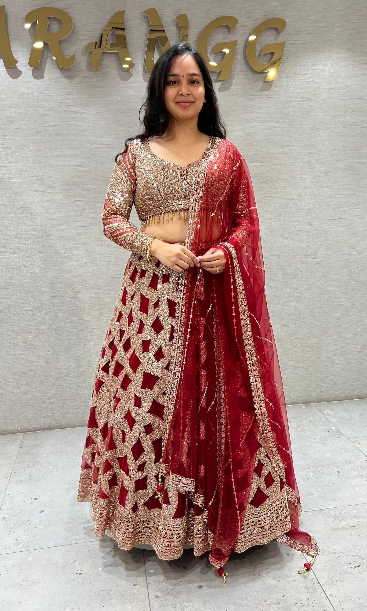 Maroon Geometric golden Bridal Lehenga